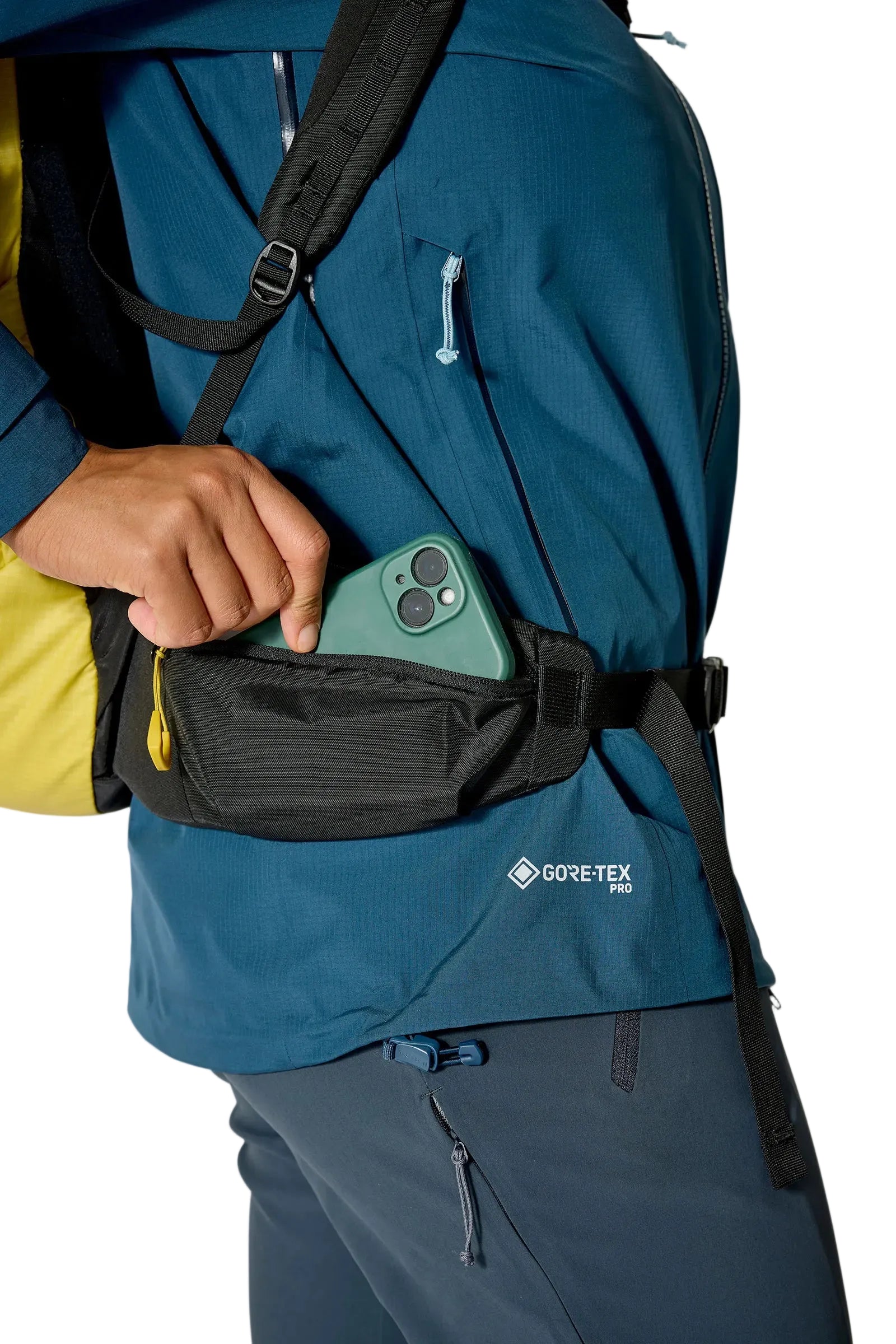 Rab Ascendor 35L Mountain Pack in Dark Pollen - Side Pocket Access Detail