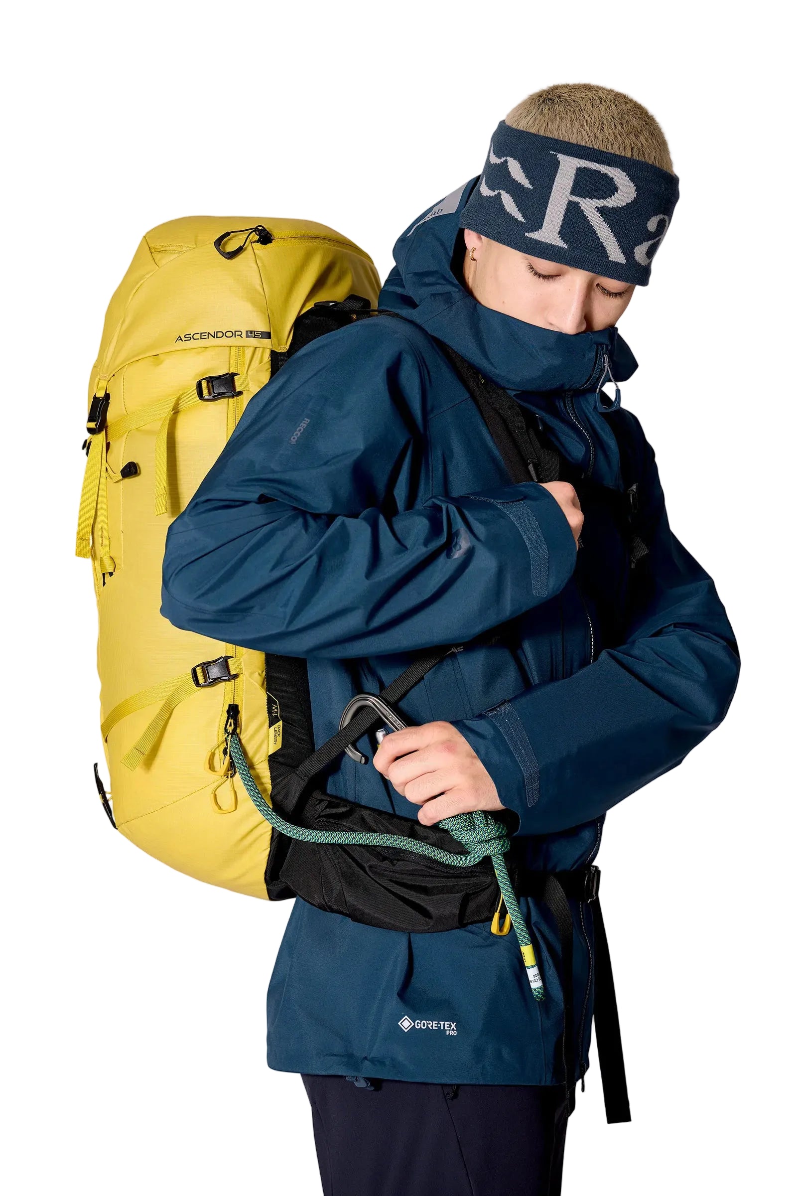 Rab Ascendor 45L Mountain Pack in Dark Pollen - Model Close Up View