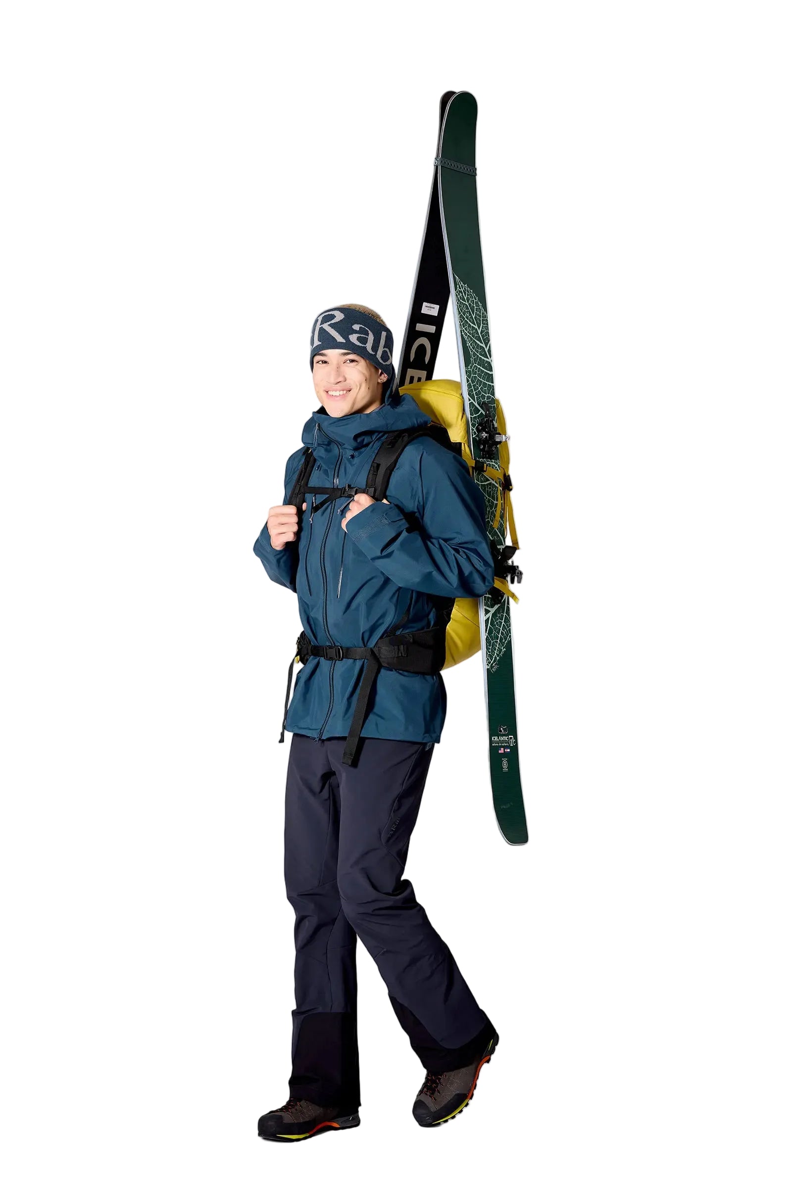 Rab Ascendor 45L Mountain Pack in Dark Pollen - Model with Ski Carry Full Length