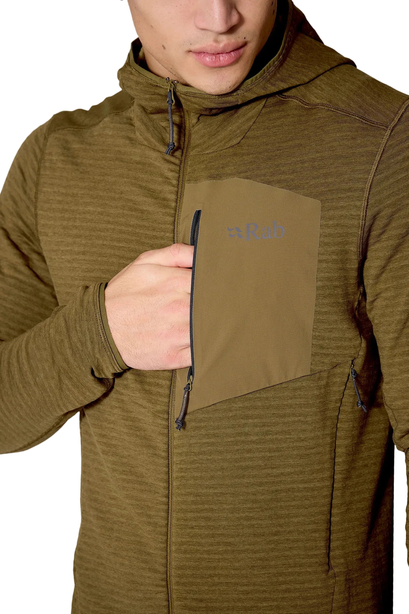 Rab Men's Ascendor Light Hoody in Oak - worn, detail 2