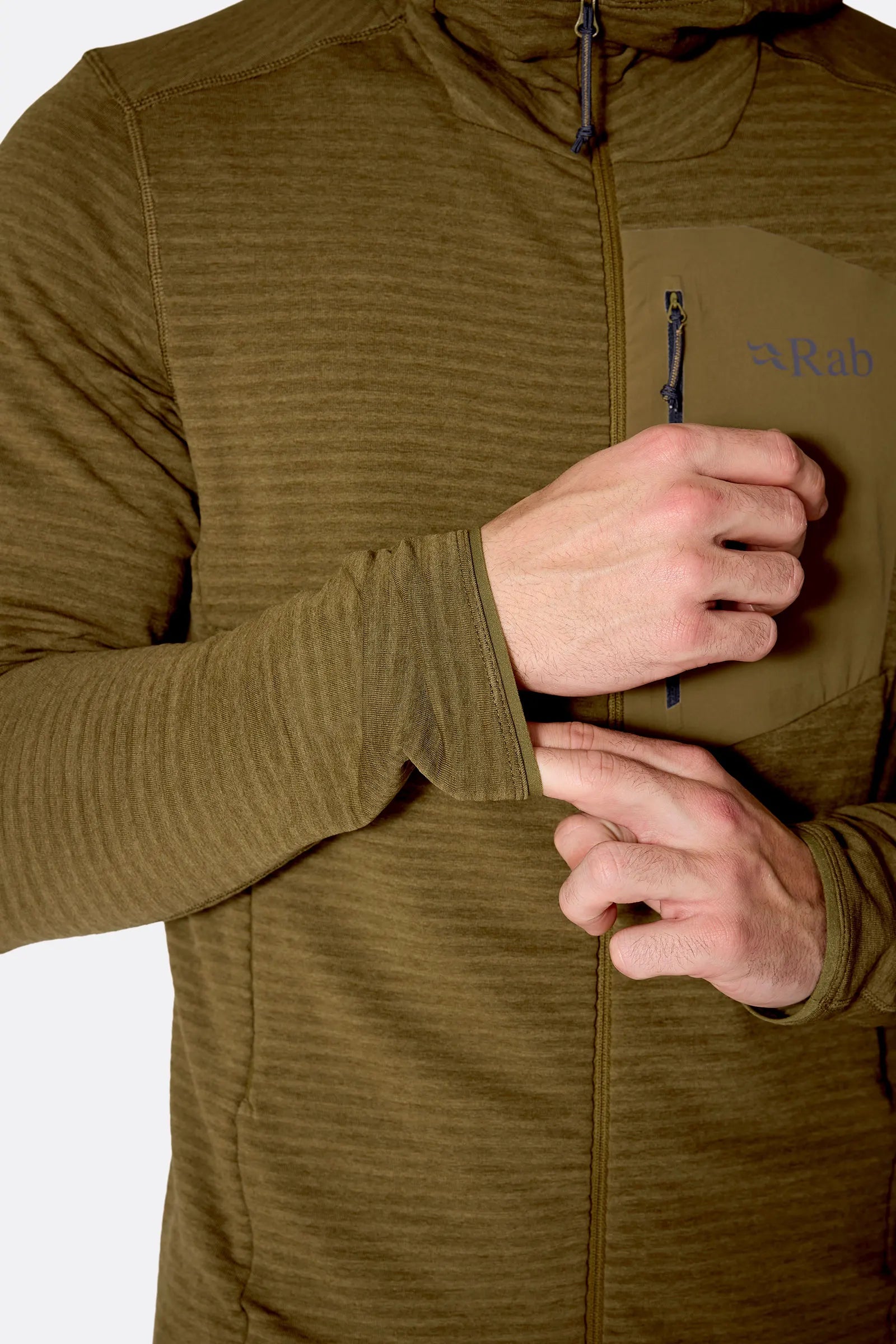 Rab Men's Ascendor Light Hoody in Oak - worn, detail 4