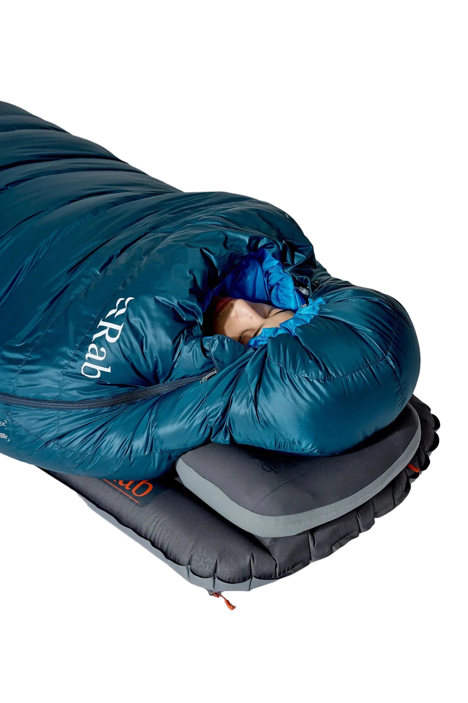 Rab Ascent Down Sleeping Bag (0°C/32F) in Tempest Blue/Maya Blue - Model Hood Close