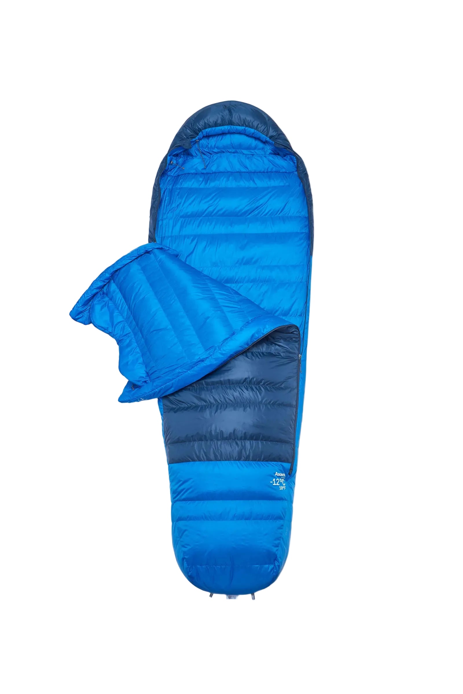 Rab Ascent Down Sleeping Bag (-12°C/10F) in Tempest Blue/Maya Blue - Hood Open Detail