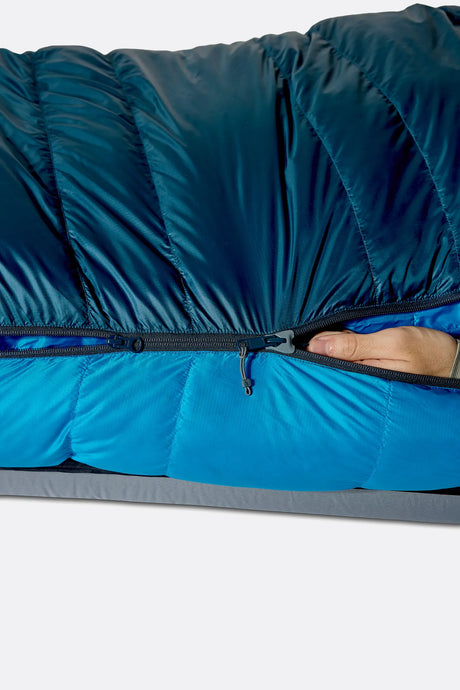 Rab Ascent Down Sleeping Bag (-18°C/0F) in Tempest Blue/Maya Blue - Baffle Detail
