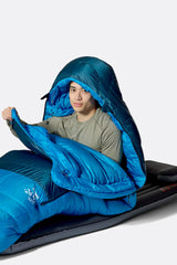 Rab Ascent Down Sleeping Bag (-18°C/0F) in Tempest Blue/Maya Blue - Model Zip Detail