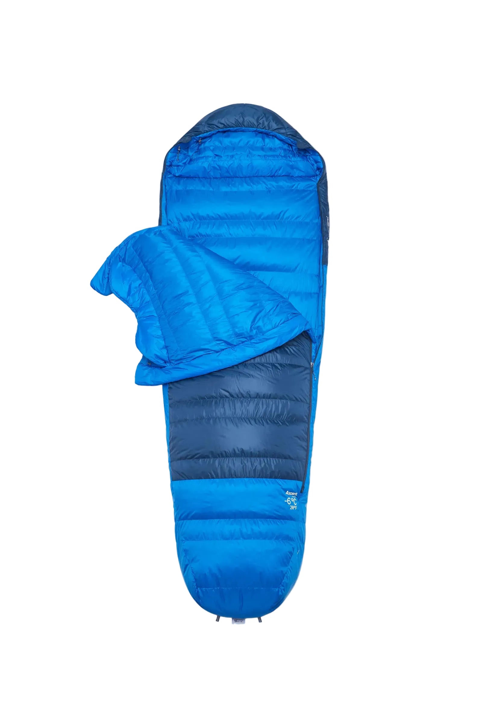 Rab Ascent Down Sleeping Bag (-6°C/21F) in Tempest Blue/Maya Blue - Hood Open Detail