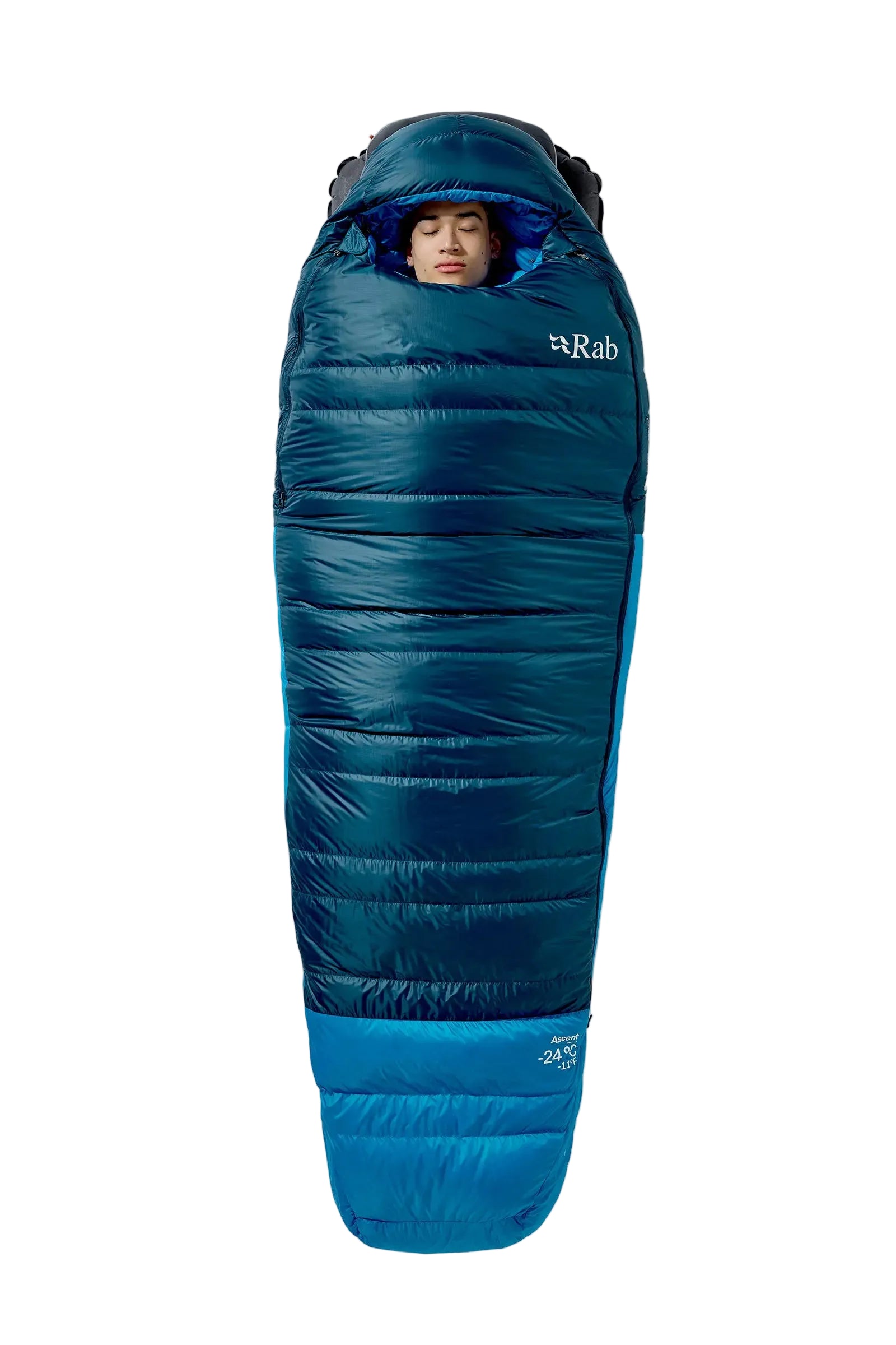 Rab Ascent Down Sleeping Bag (-6°C/21F) in Tempest Blue/Maya Blue - Laid Flat Front