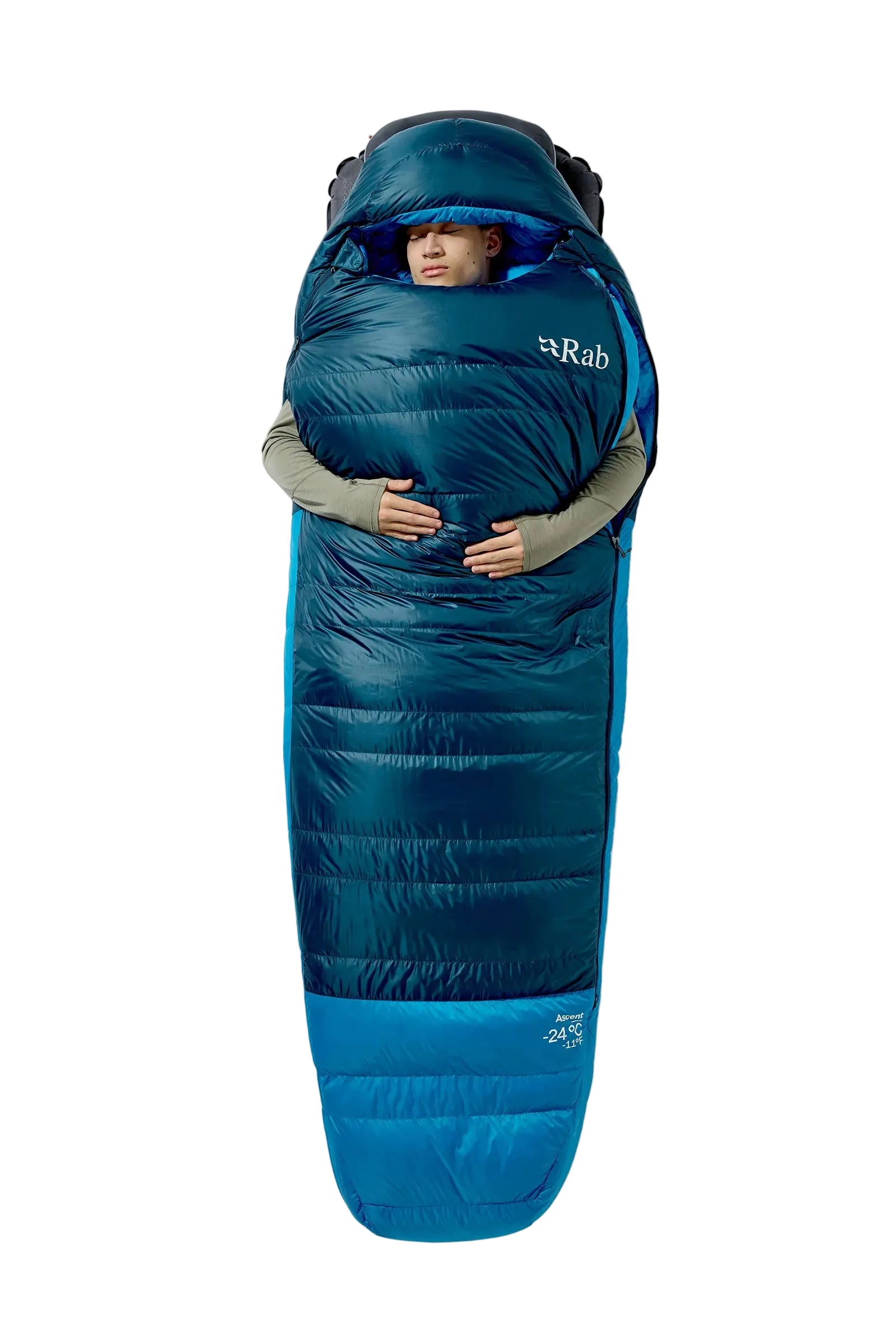 Rab Ascent Down Sleeping Bag (-6°C/21F) in Tempest Blue/Maya Blue - Model Lying Overhead Wrapped