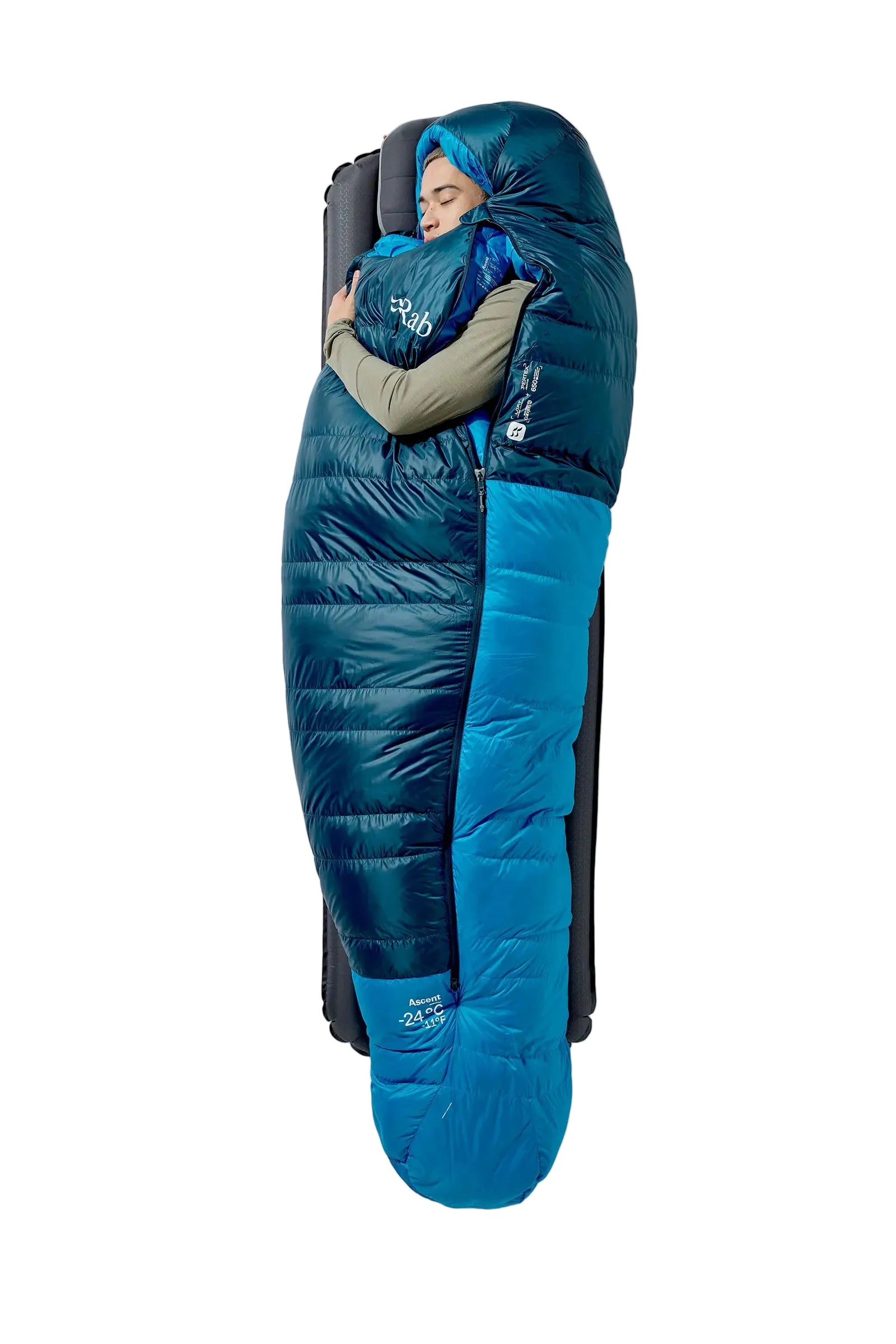 Rab Ascent Down Sleeping Bag (-6°C/21F) in Tempest Blue/Maya Blue - Model Lying Overhead