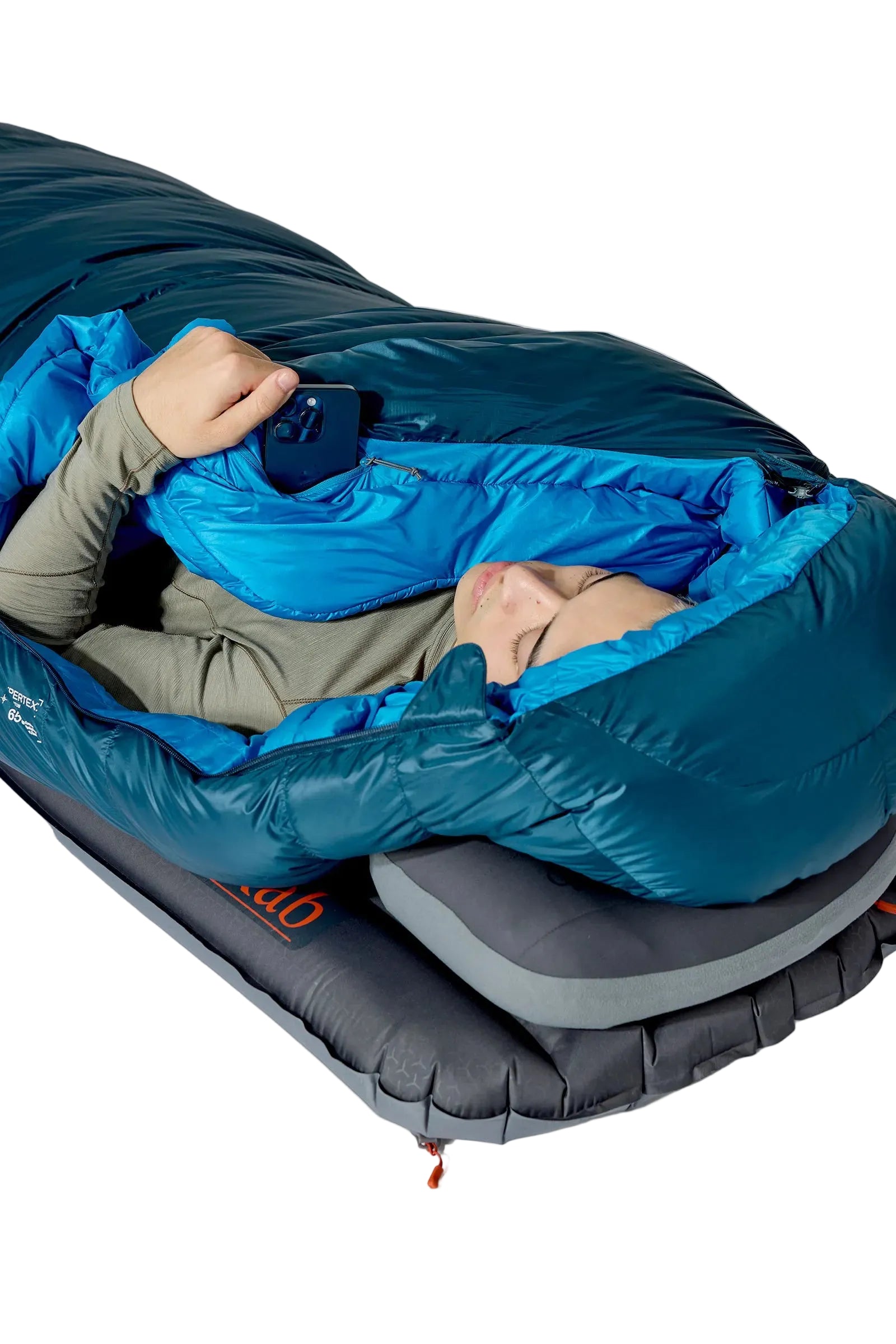 Rab Ascent Down Sleeping Bag (-6°C/21F) in Tempest Blue/Maya Blue - Model Reclined