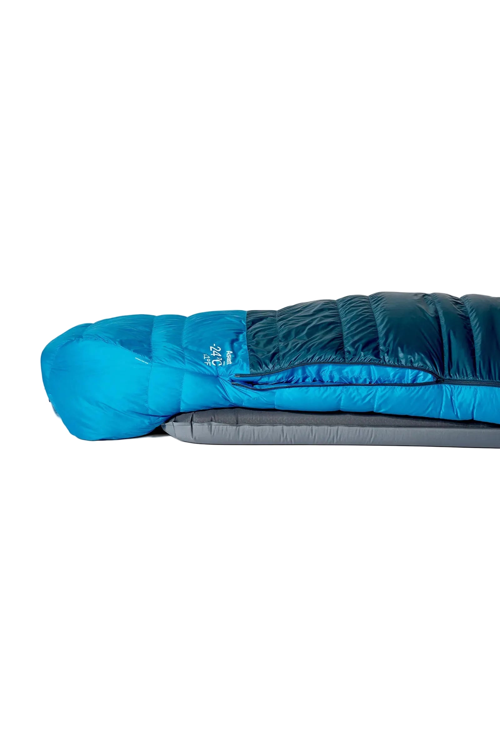 Rab Ascent Down Sleeping Bag (-6°C/21F) in Tempest Blue/Maya Blue - Packed Side