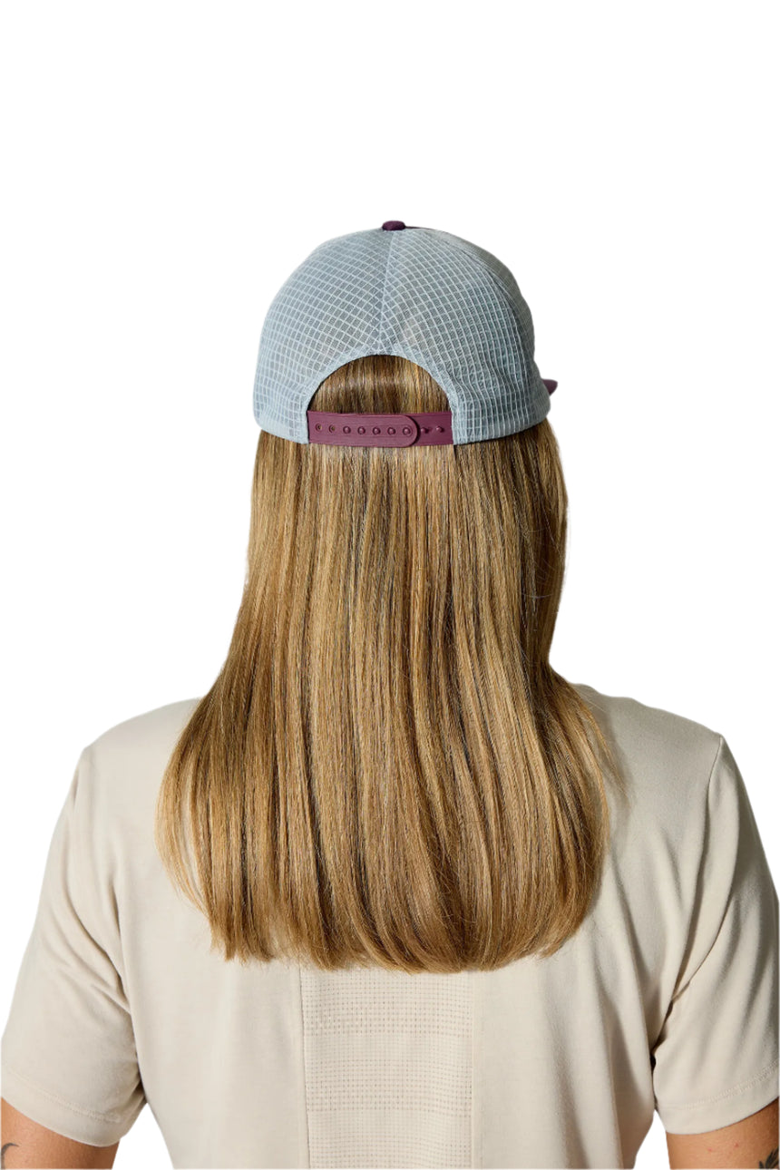 Rab Cirque Print Cap in Mulberry/Pewter - back, worn