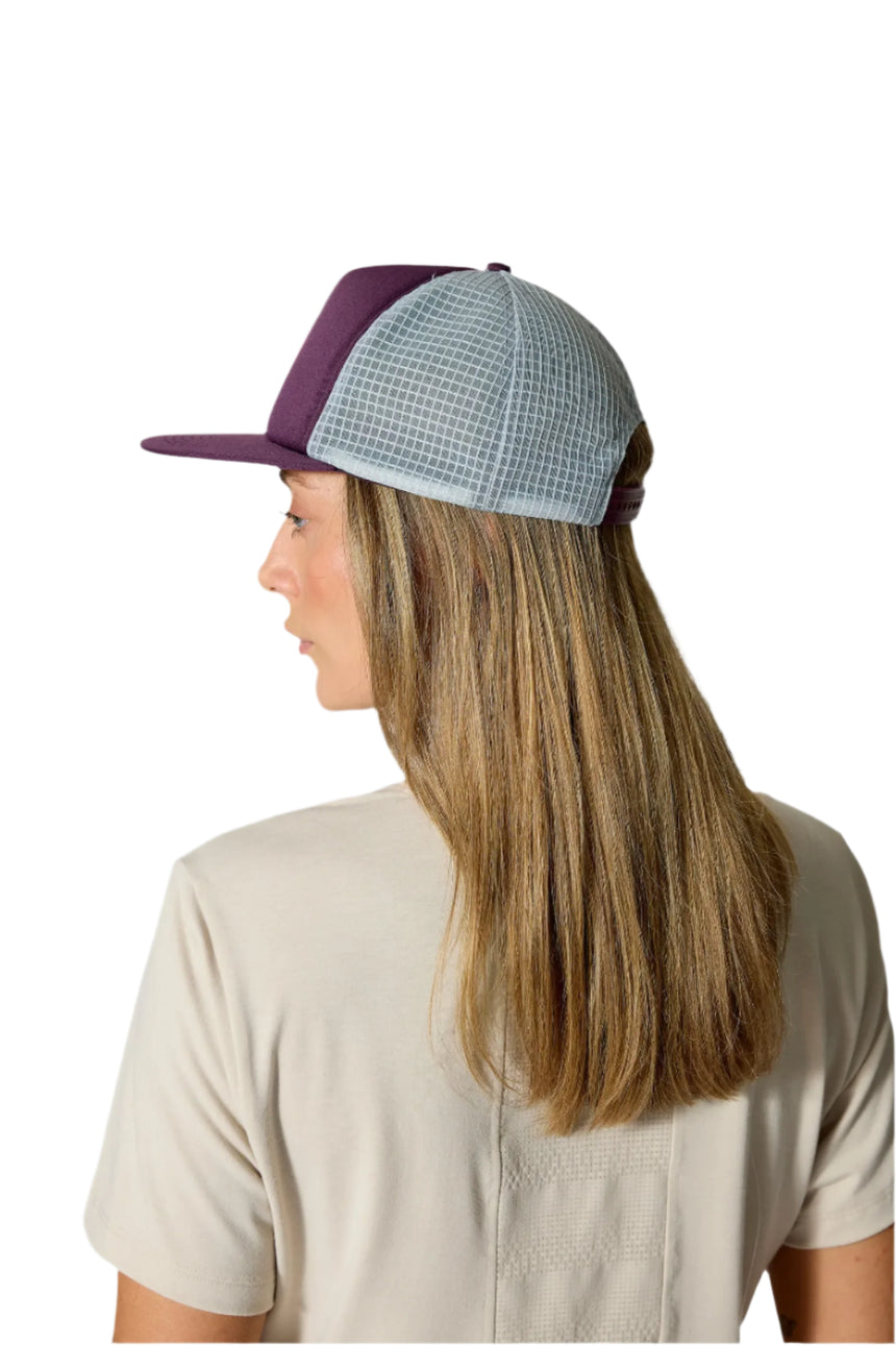 Rab Cirque Print Cap in Mulberry/Pewter - side, worn