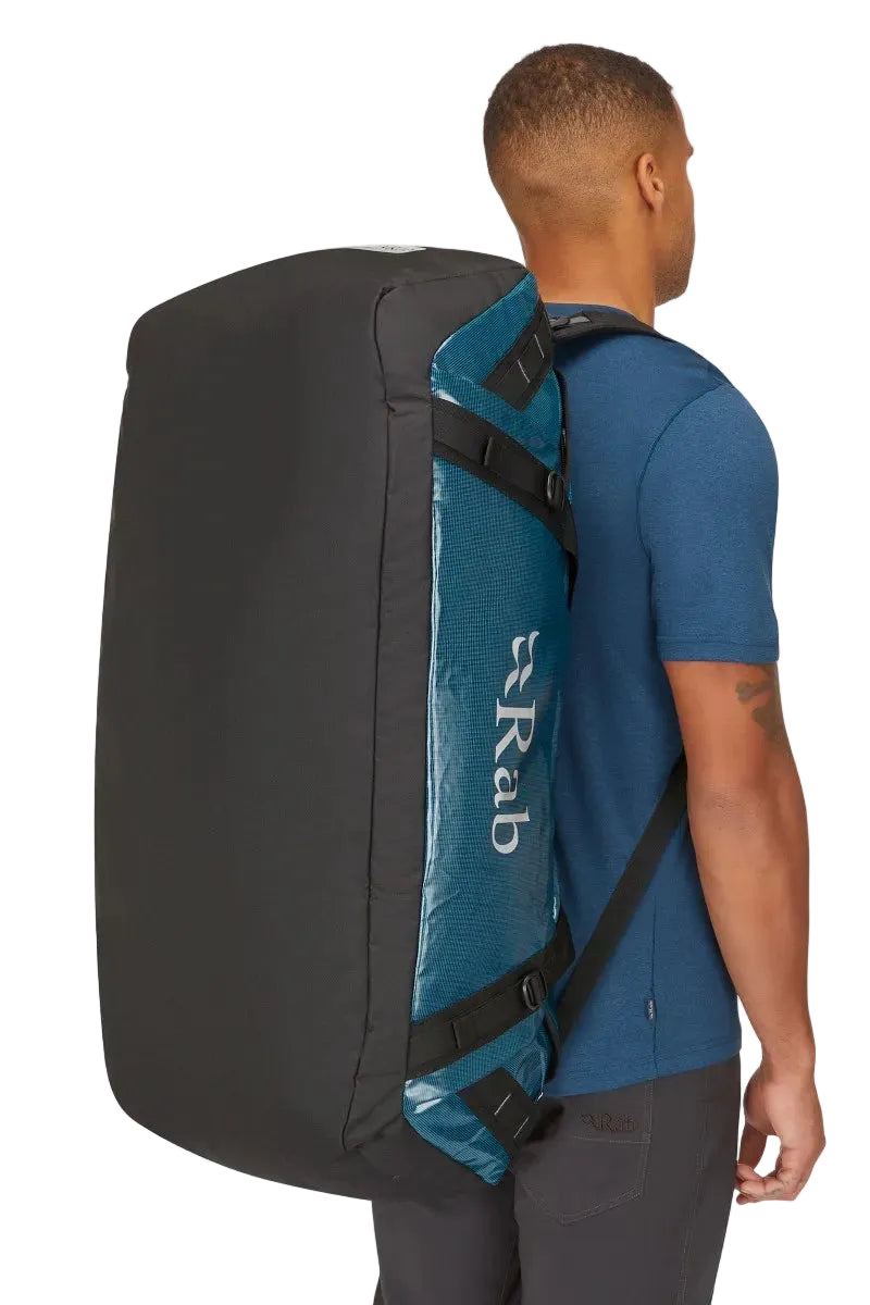 Rab Expedition II 120L Kitbag in Blue - Model Wearing as Backpack Rear View