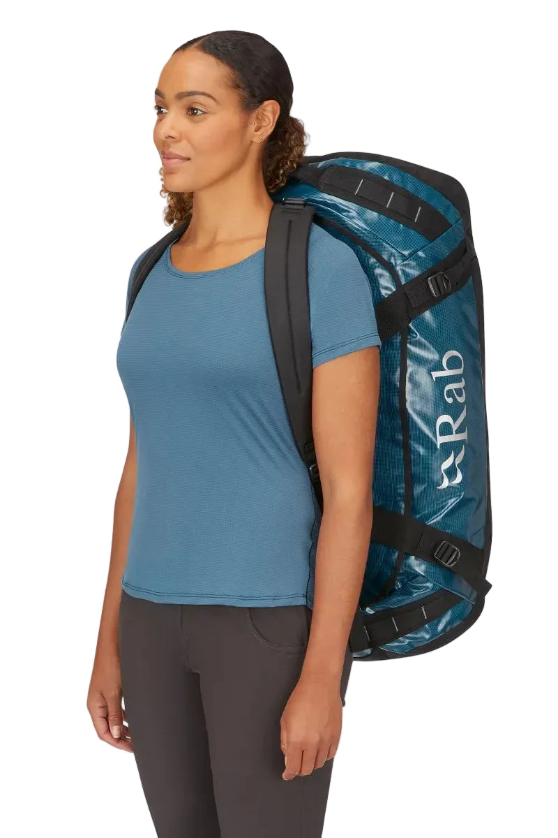 Rab Expedition II 80L Kitbag in Blue - Model Wearing as Backpack Front View