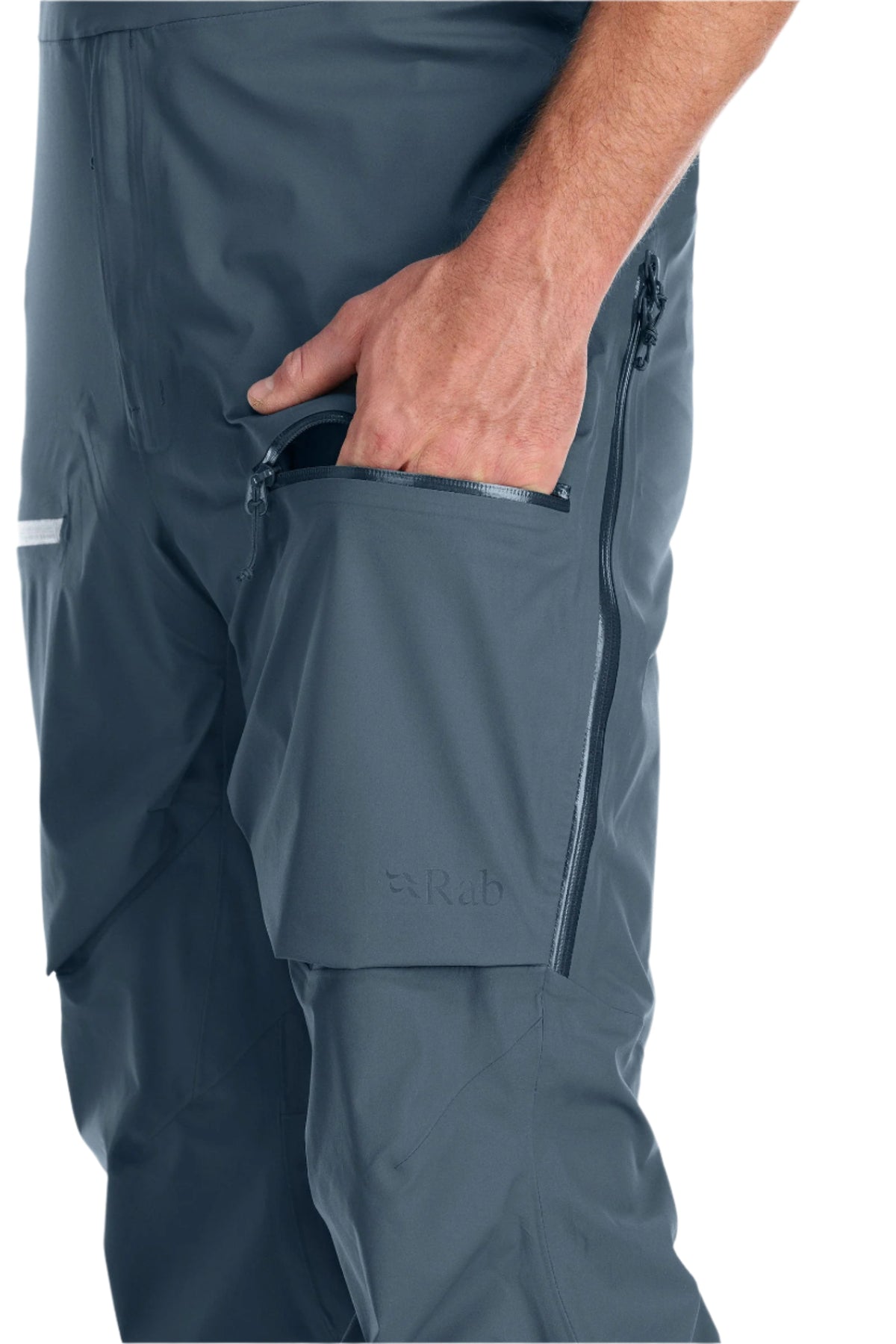 Rab Men's Khroma Kinetic Waterproof Bib Pants in Orion Blue - hip pocket detail