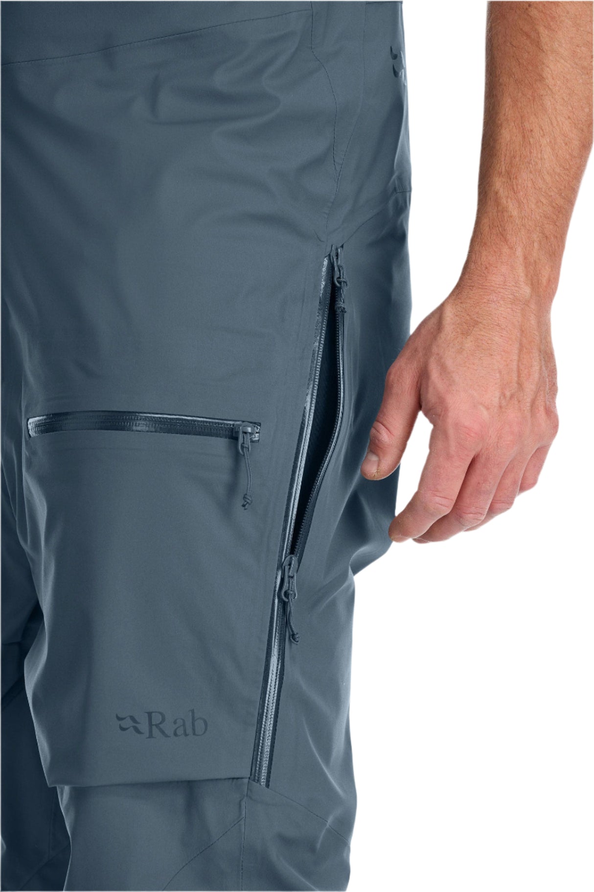 Rab Men's Khroma Kinetic Waterproof Bib Pants in Orion Blue - thigh pocket detail, alternate view
