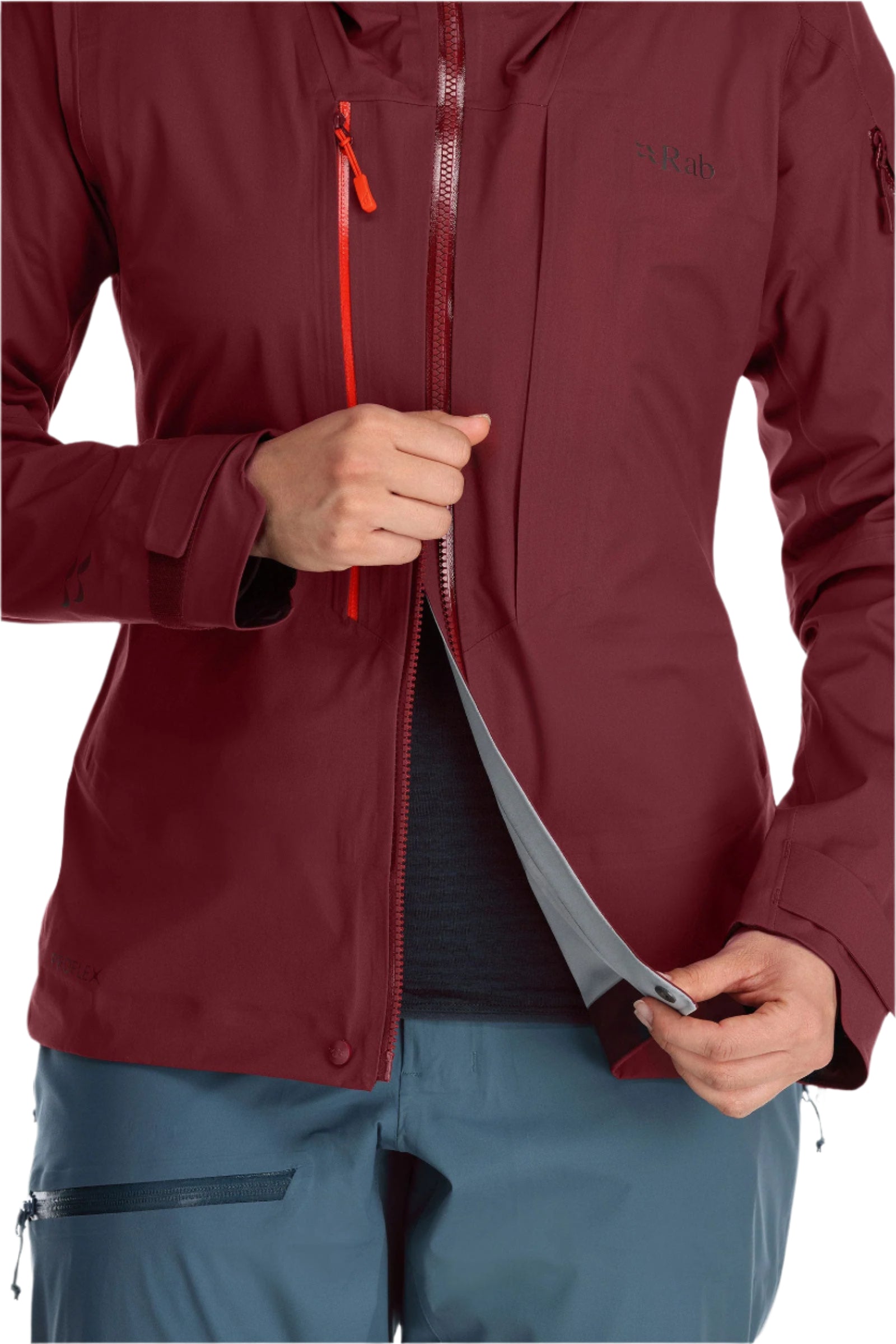 Rab Women's Khroma Kinetic Waterproof Ski Jacket in Deep Heather - front zip detail, worn