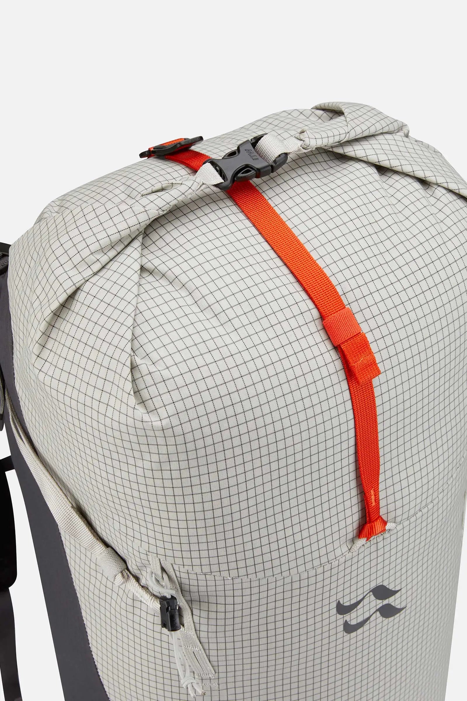 Rab Latok 28L Mountain Pack in Pewter - Front Zip and Compression Strap Detail