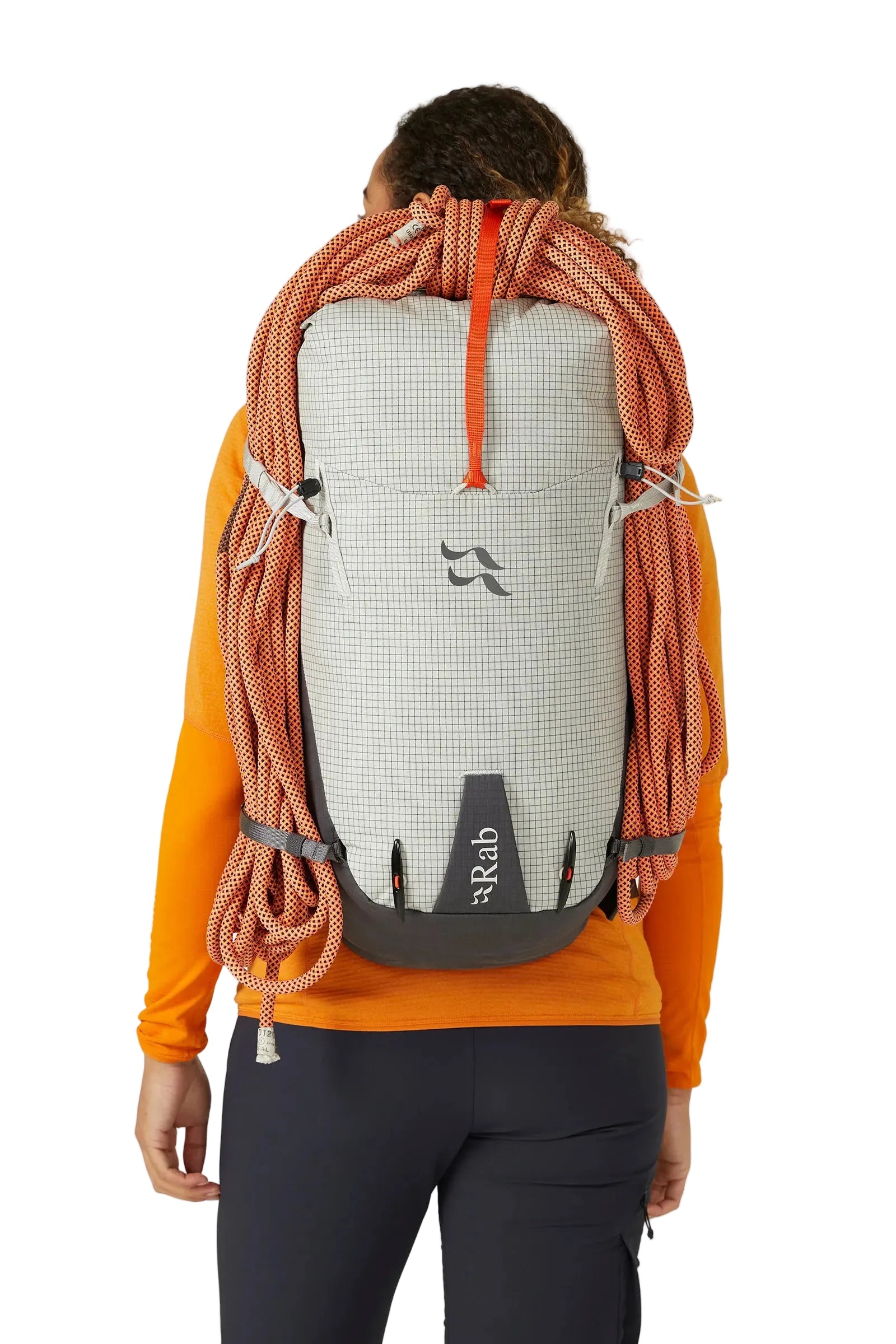 Rab Latok 28L Mountain Pack in Pewter - Model Rear View with Rope