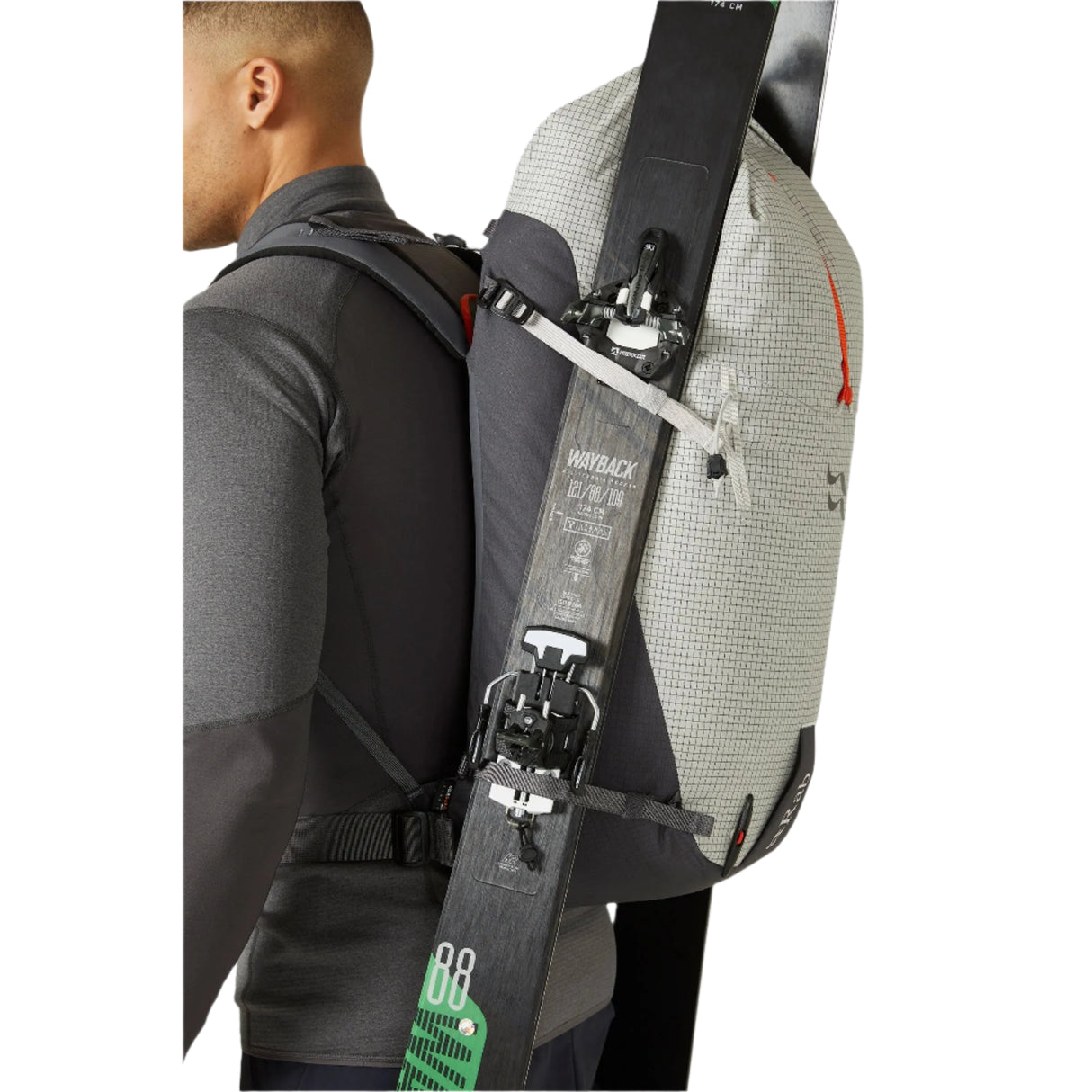 Rab Latok 38L Mountain Pack in Pewter - Model Side View Gear Attachment Detail