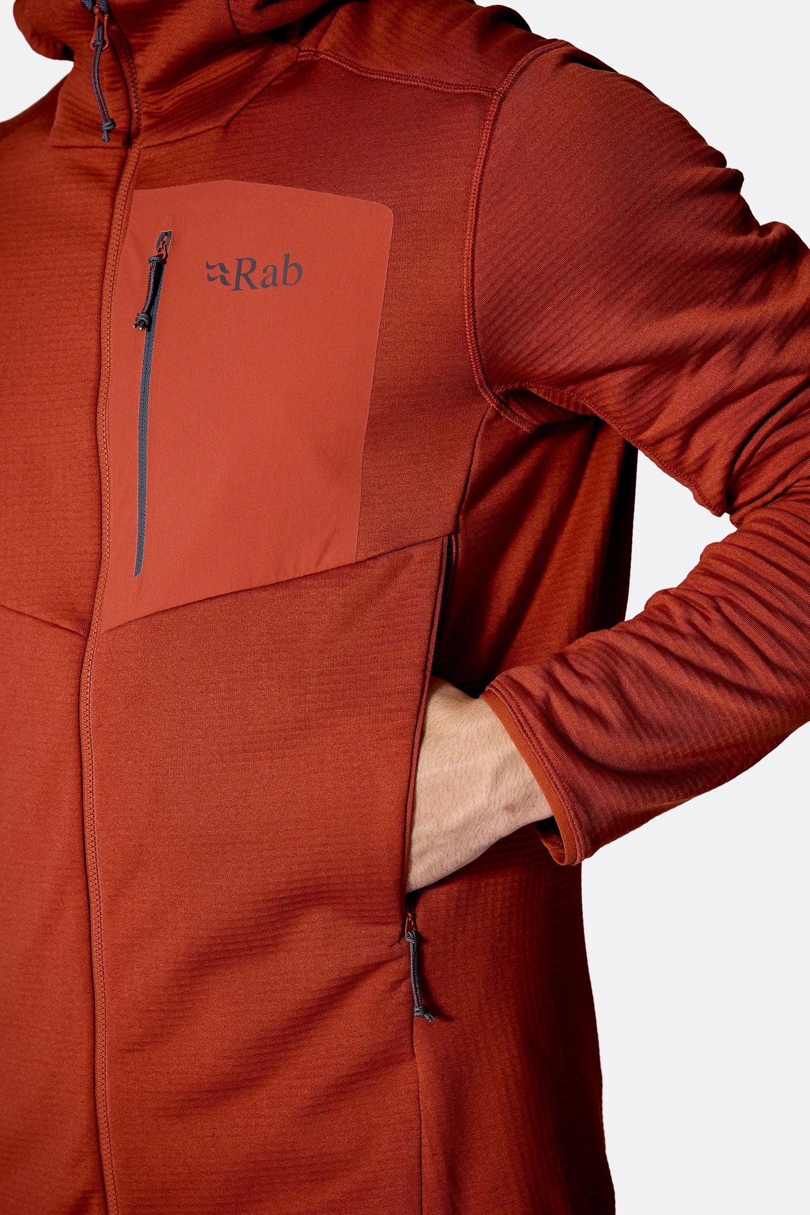 Rab Men's Ascendor Hoody in Tuscan Red - hand pocket detail