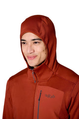 Rab Men's Ascendor Hoody in Tuscan Red - hood detail, worn
