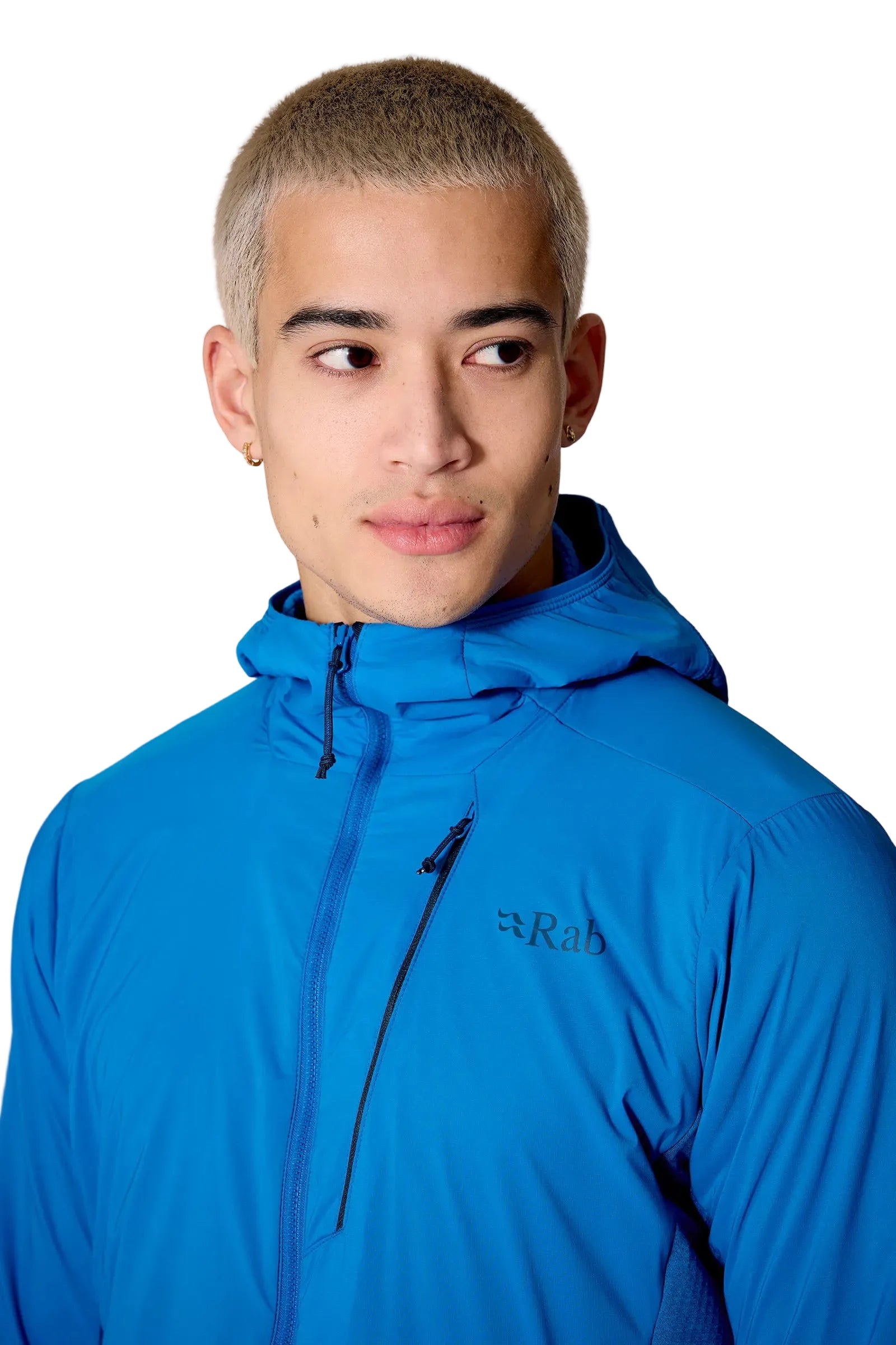 Rab Men's Ascendor Summit Hoody in Black - chest detail, worn