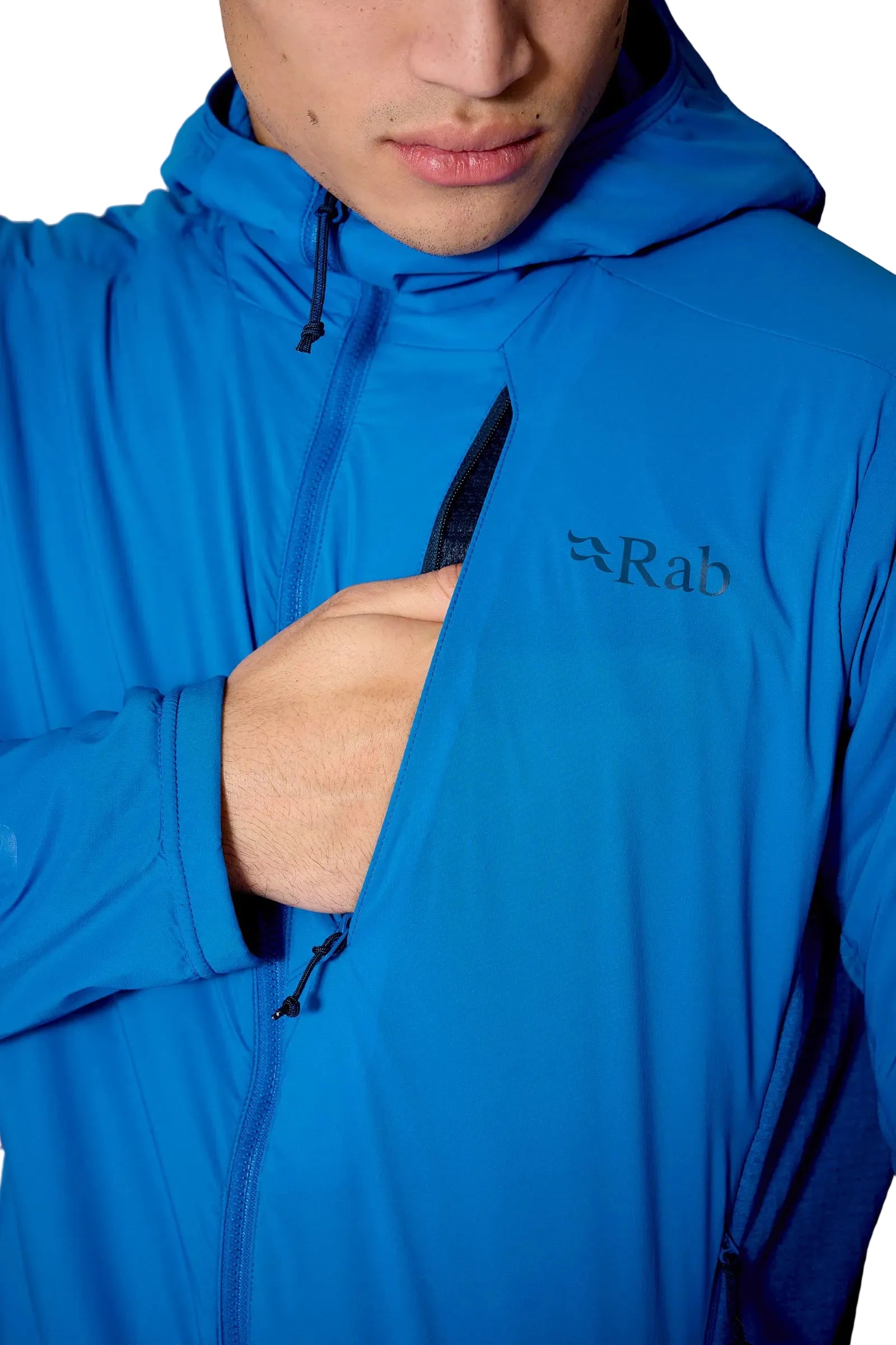 Rab Men's Ascendor Summit Hoody in Black - chest pocket detail, worn