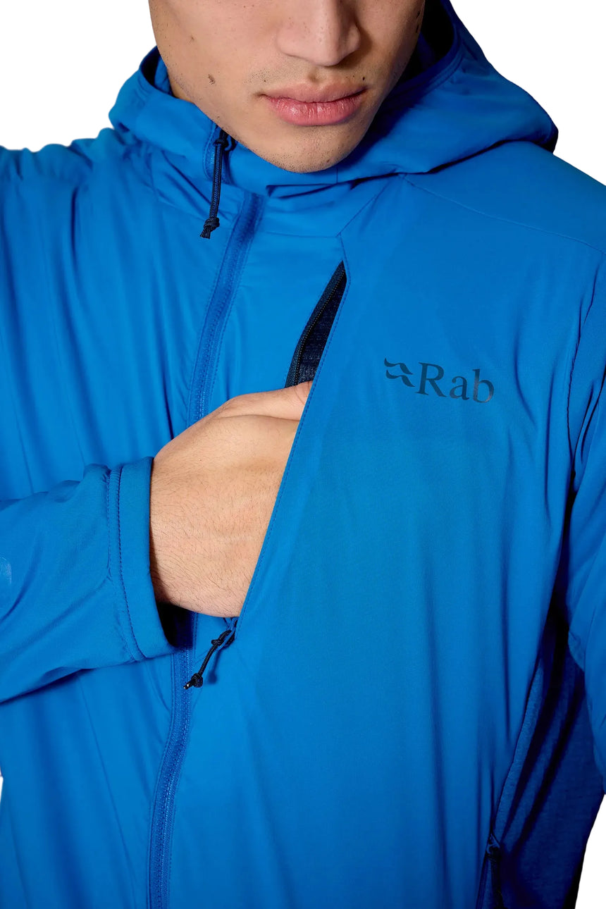 Rab Men's Ascendor Summit Hoody in Black - chest pocket detail, worn