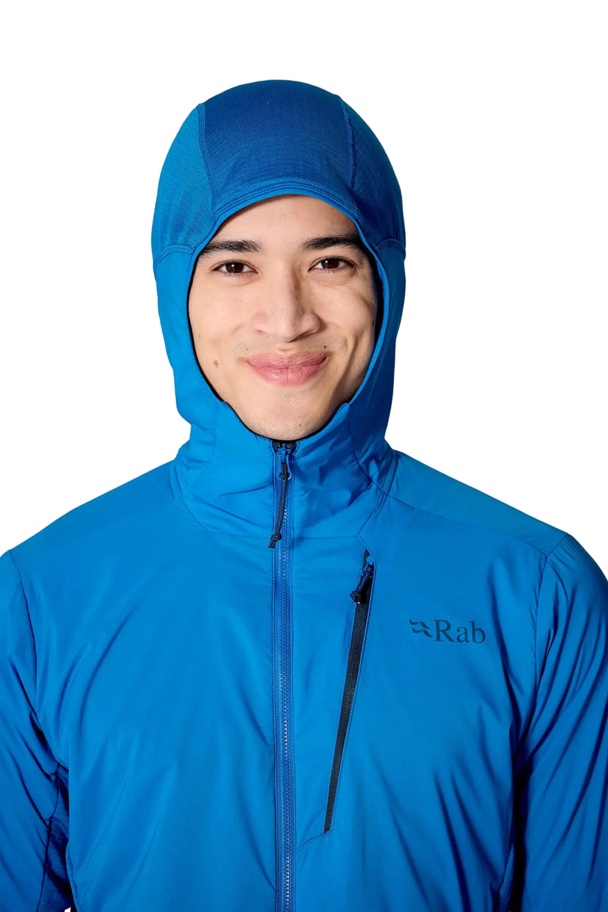 Rab Men's Ascendor Summit Hoody in Black - hood up, front, worn