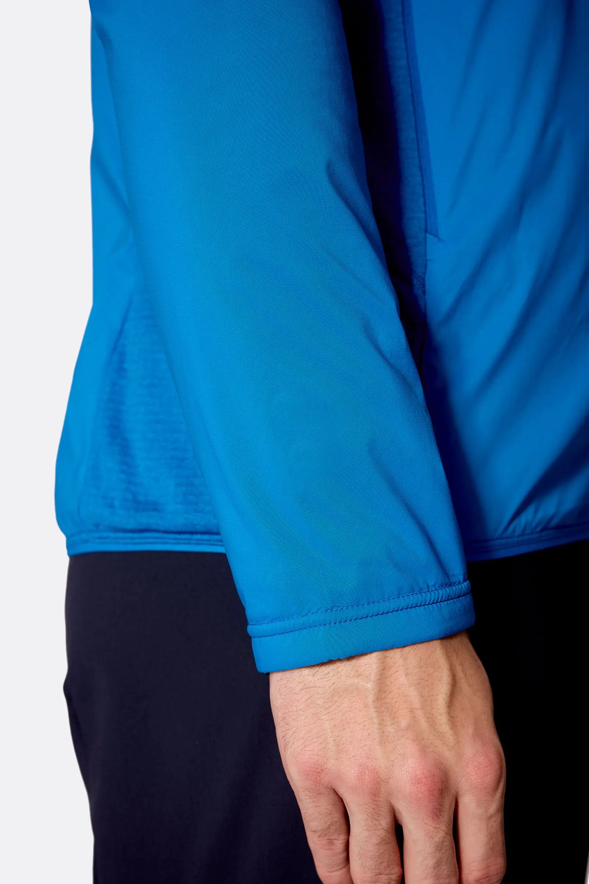 Rab Men's Ascendor Summit Hoody in Black - sleeve detail, worn