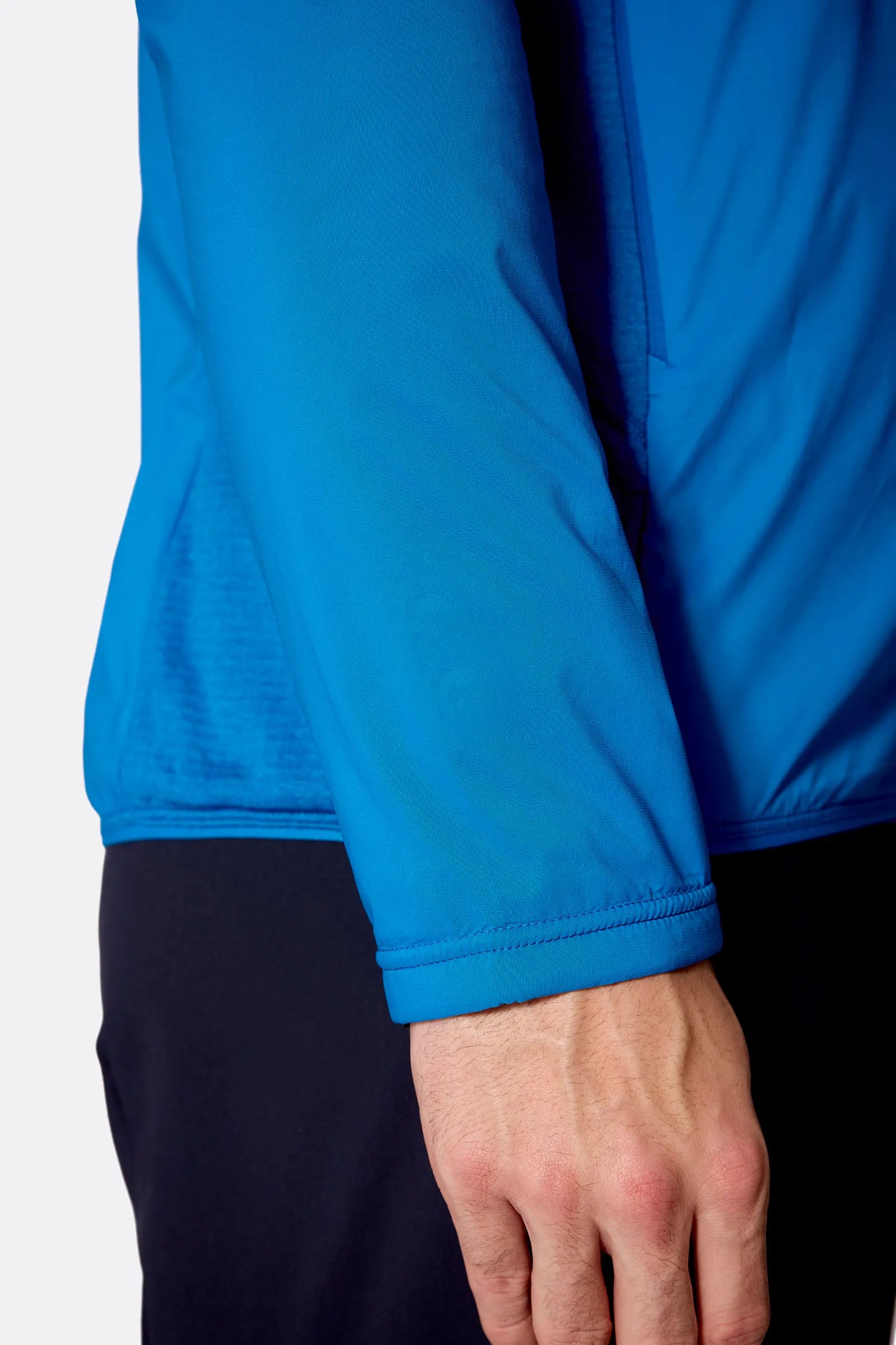 Rab Men's Ascendor Summit Hoody in Black - sleeve detail, worn
