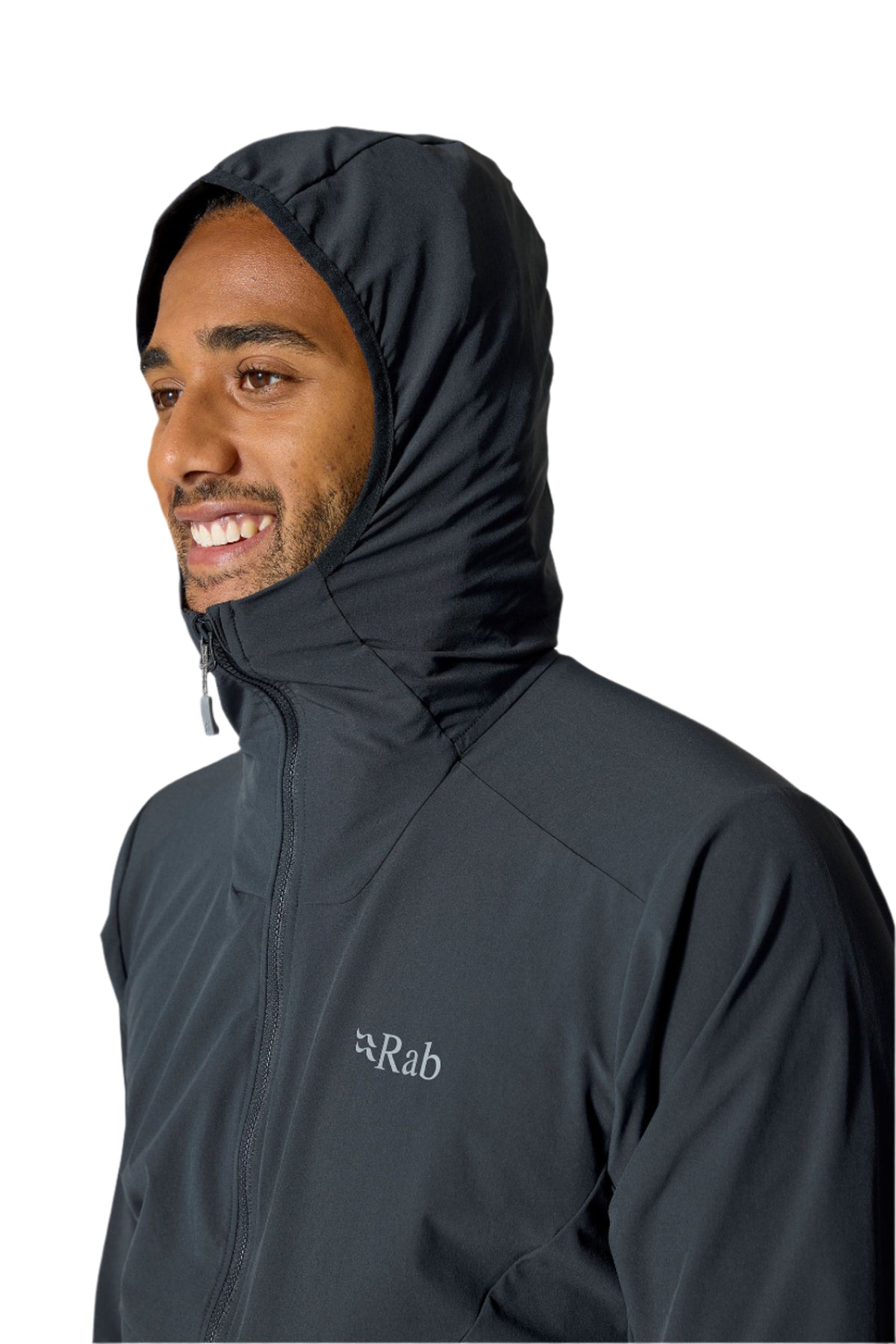Rab Men's Borealis Hooded Jacket in Beluga - hood, worn