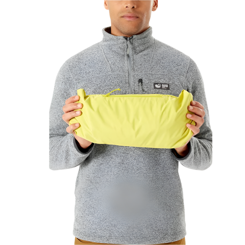 Rab Men's Downpour Eco Waterproof Jacket in Graphene/Zest - packed into hand pocket