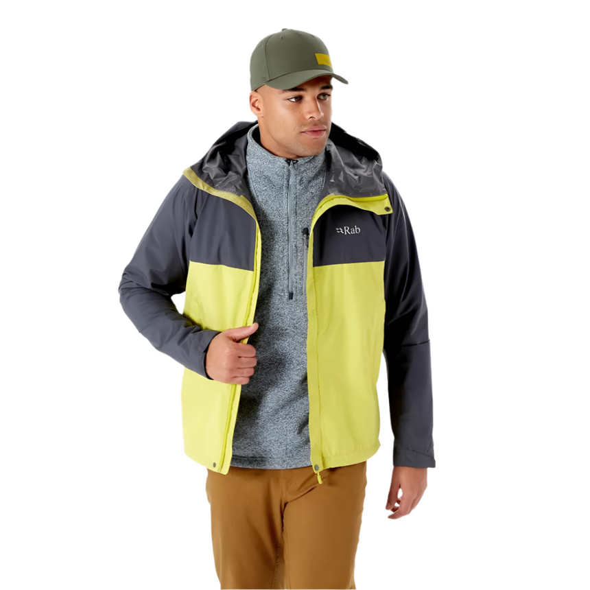 Rab Men's Downpour Eco Waterproof Jacket in Graphene/Zest - worn