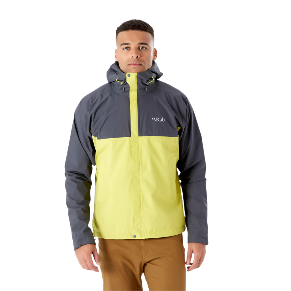 Rab Men's Downpour Eco Waterproof Jacket in Graphene/Zest - worn