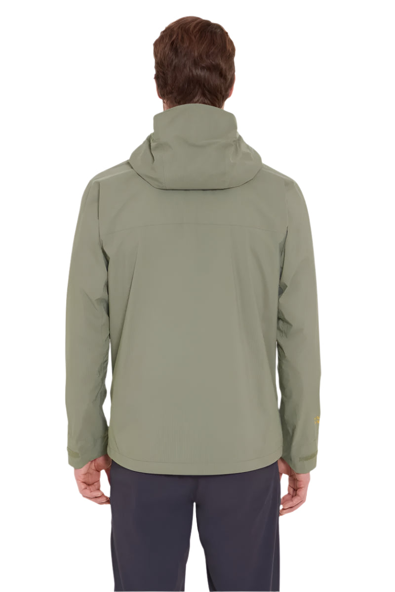 Rab Men's Downpour Light Waterproof Jacket in Light Khaki - back, worn (reference only, not a stocked colour)