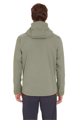 Rab Men's Downpour Light Waterproof Jacket in Light Khaki - back, worn (reference only, not a stocked colour)