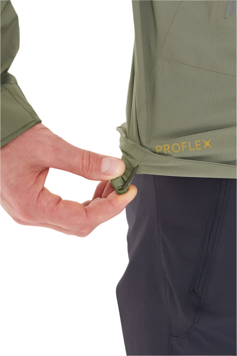 Rab Men's Downpour Light Waterproof Jacket in Light Khaki - hem adjustment detail, worn (reference only, not a stocked colour)