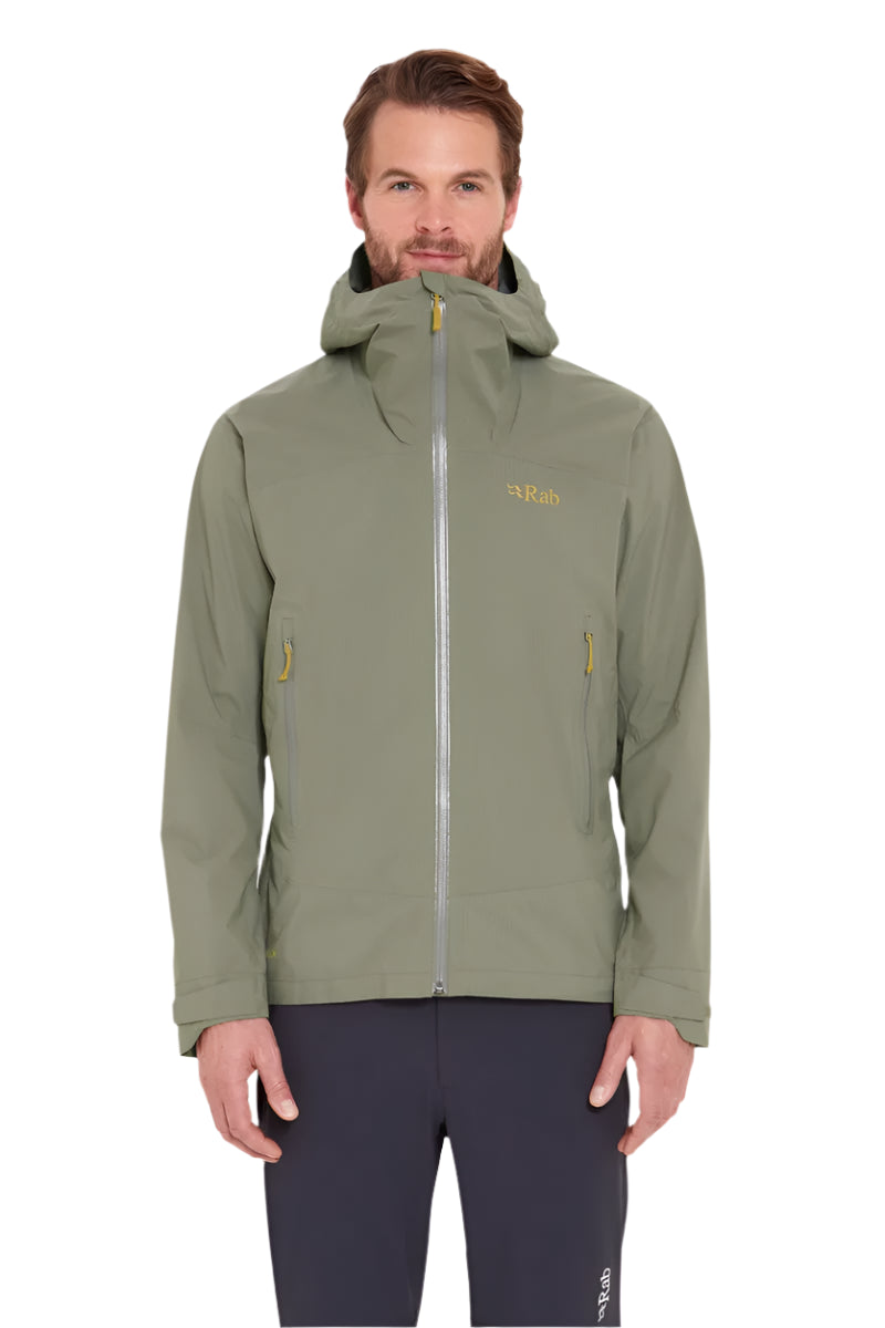 Rab Men's Downpour Light Waterproof Jacket in Light Khaki - worn, front (reference only, not a stocked colour)