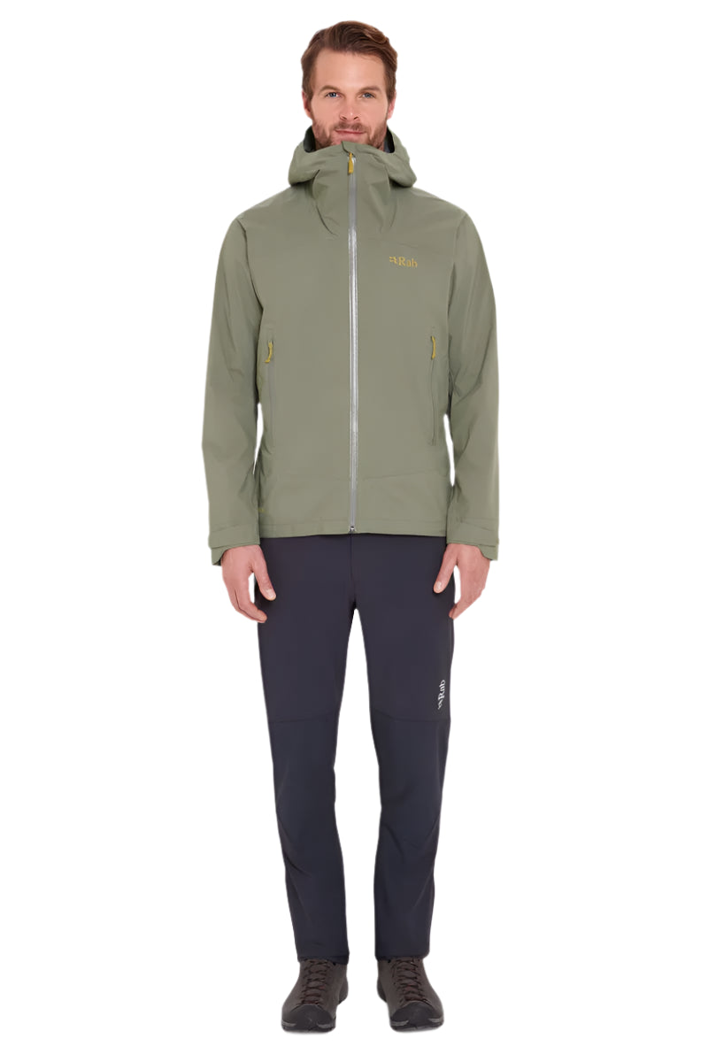 Rab Men's Downpour Light Waterproof Jacket in Light Khaki - worn, full length (reference only, not a stocked colour)