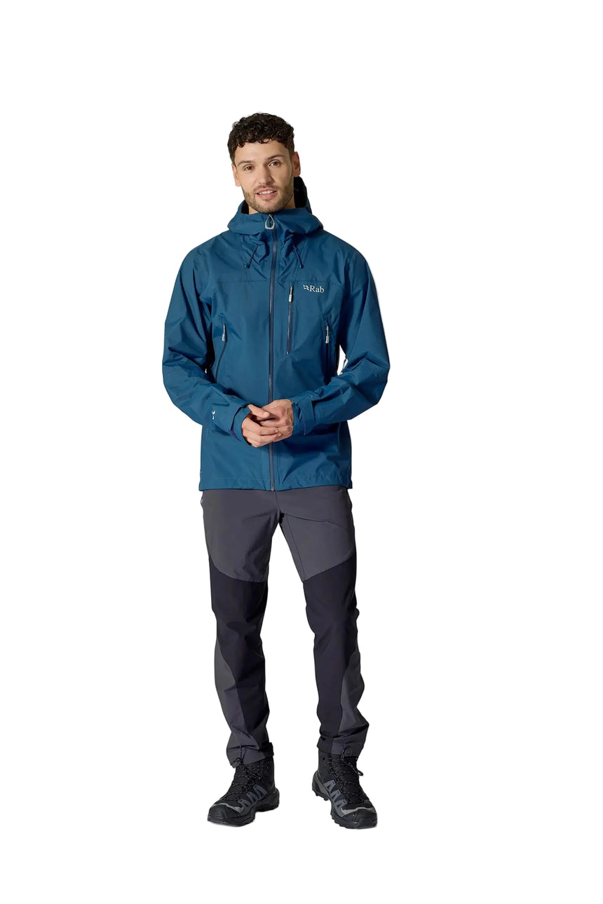 Rab Men's Downpour Mountain Waterproof Jacket in Tempest Blue - worn, front