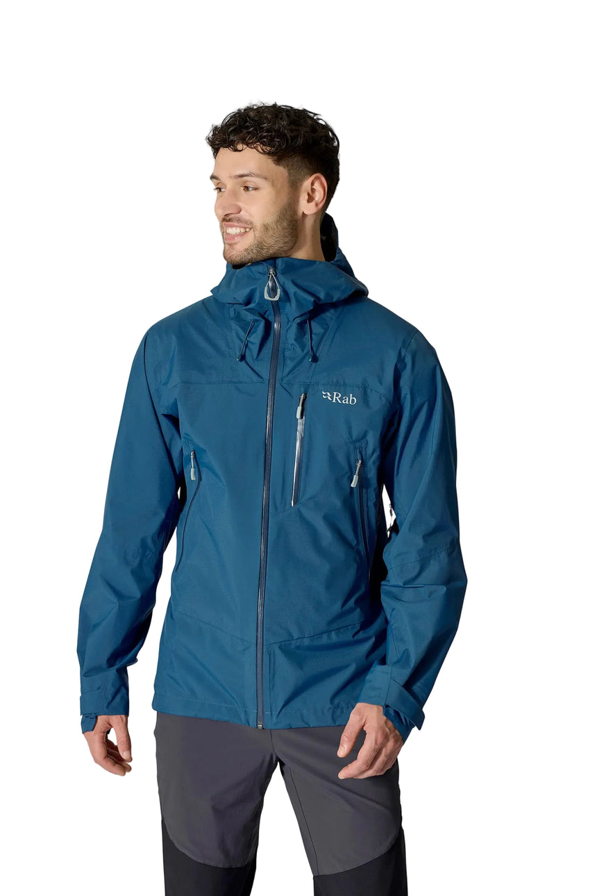 Rab Men's Downpour Mountain Waterproof Jacket in Tempest Blue - worn, front