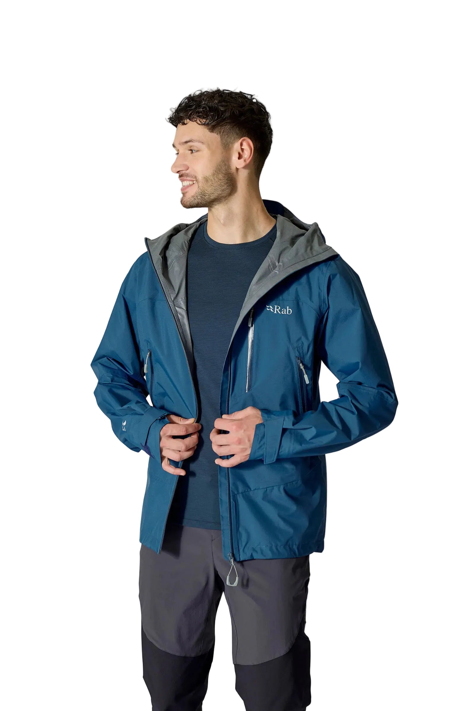 Rab Men's Downpour Mountain Waterproof Jacket in Tempest Blue - worn, zip pull detail