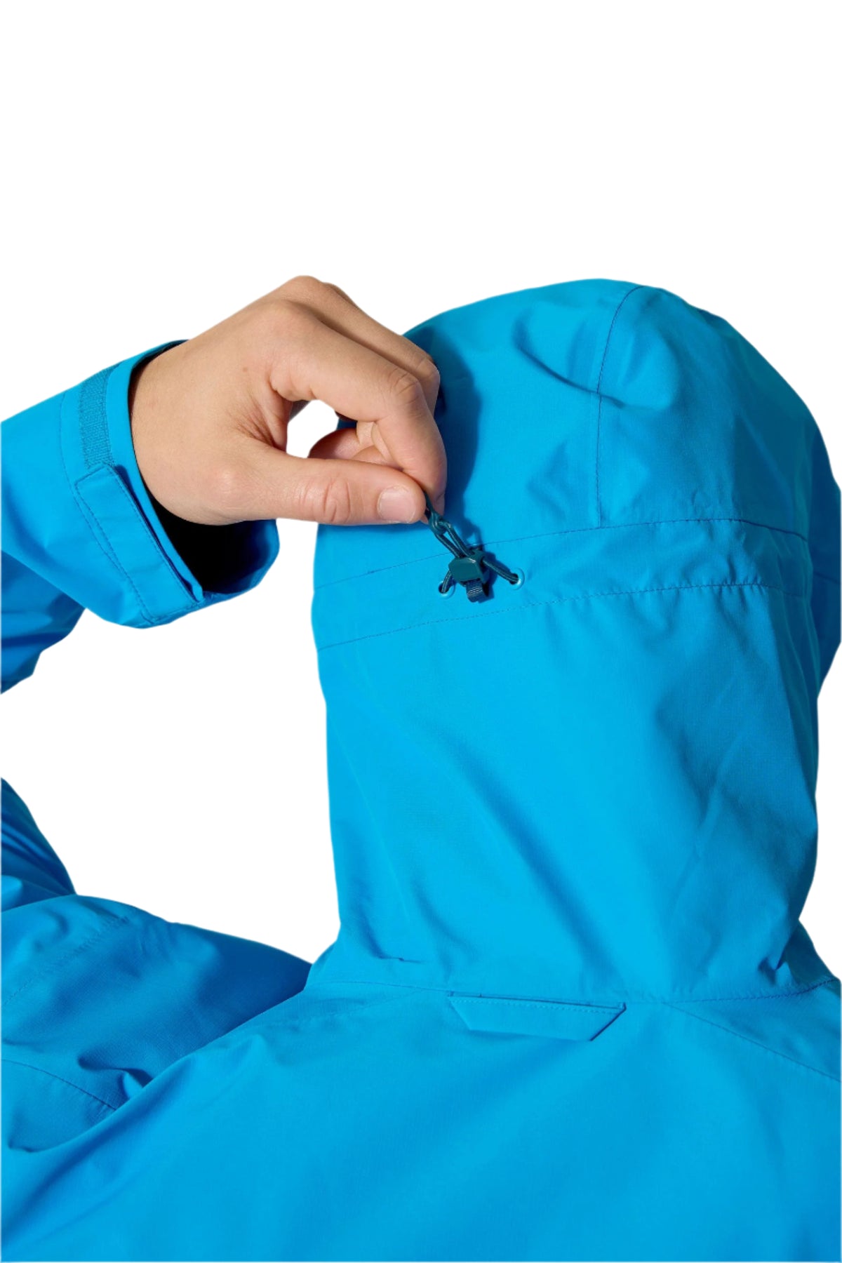 Rab Men's Downpour Waterproof Jacket in Maya Blue - hood adjustment detail, worn