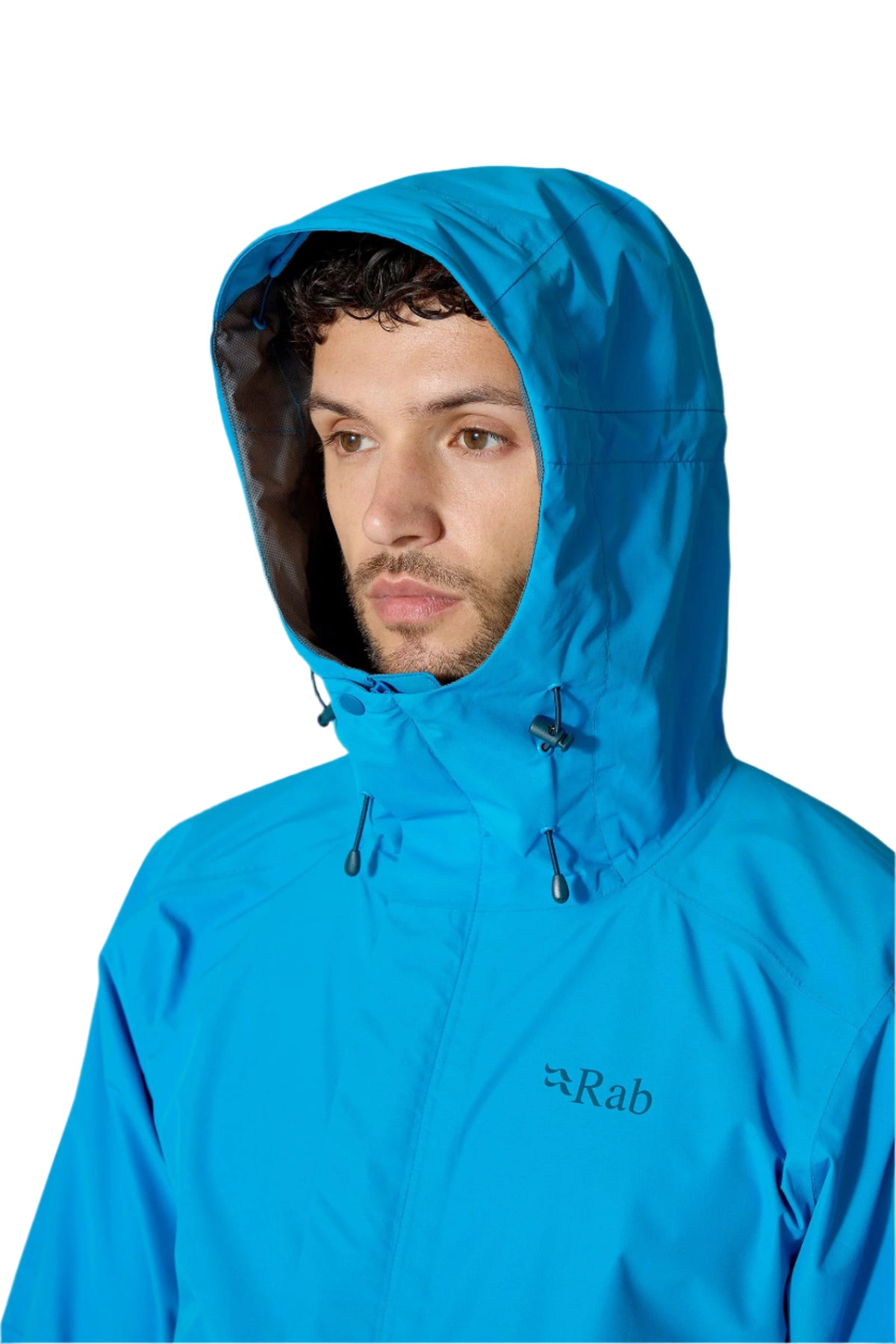 Rab Men's Downpour Waterproof Jacket in Maya Blue - hood detail, worn