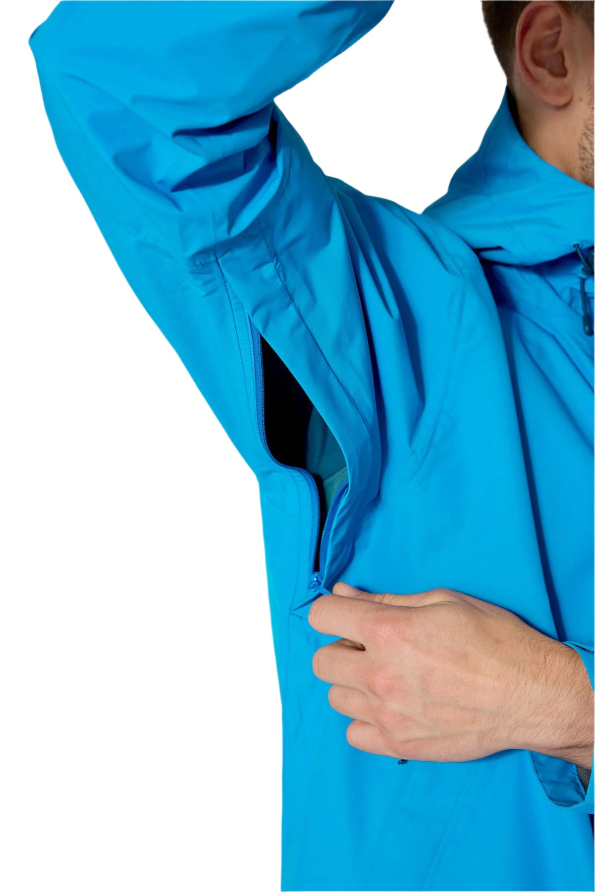 Rab Men's Downpour Waterproof Jacket in Maya Blue - underarm vent detail, worn