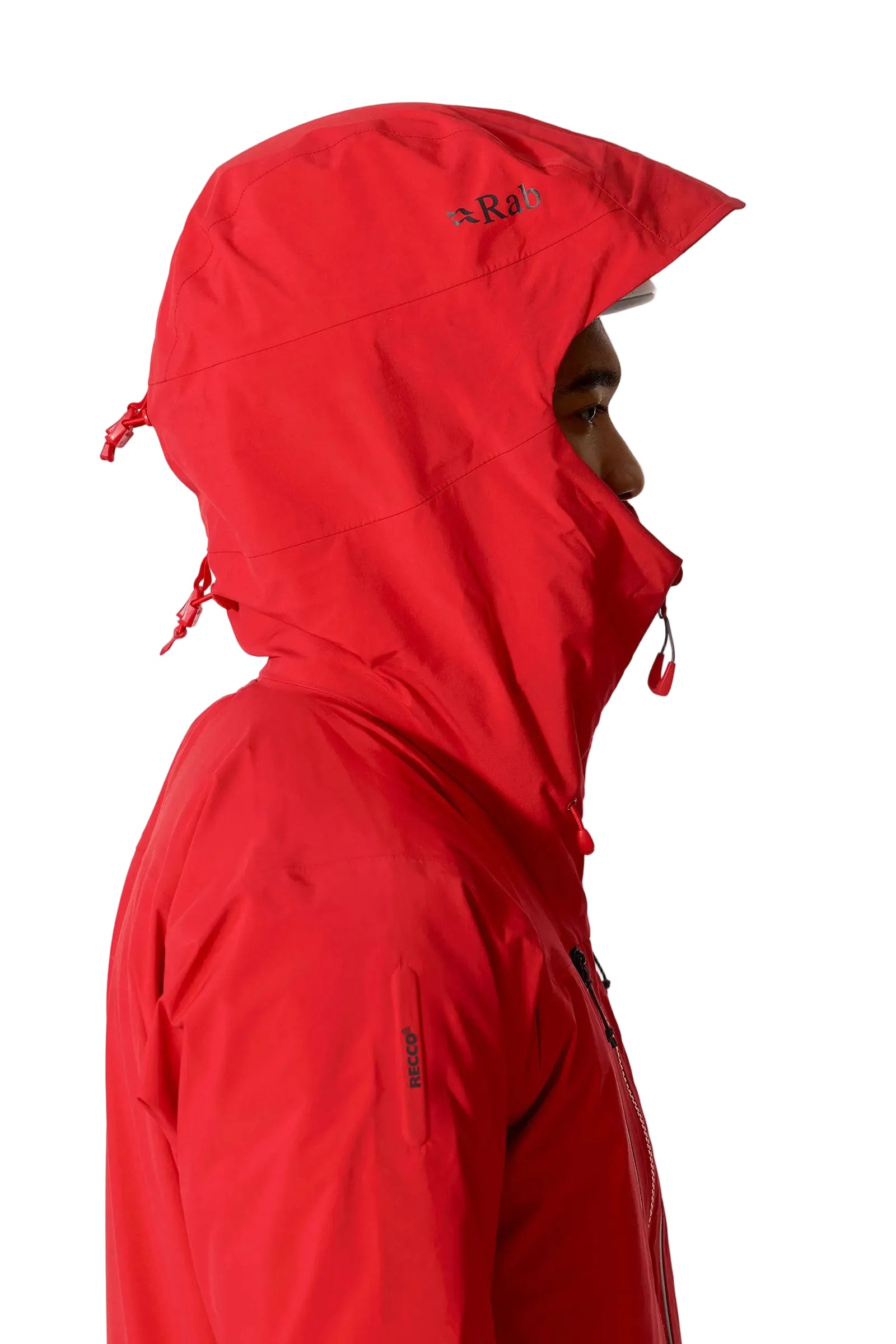 Rab Men's Firewall Guide Waterproof Jacket in Summit Red - hood side detail