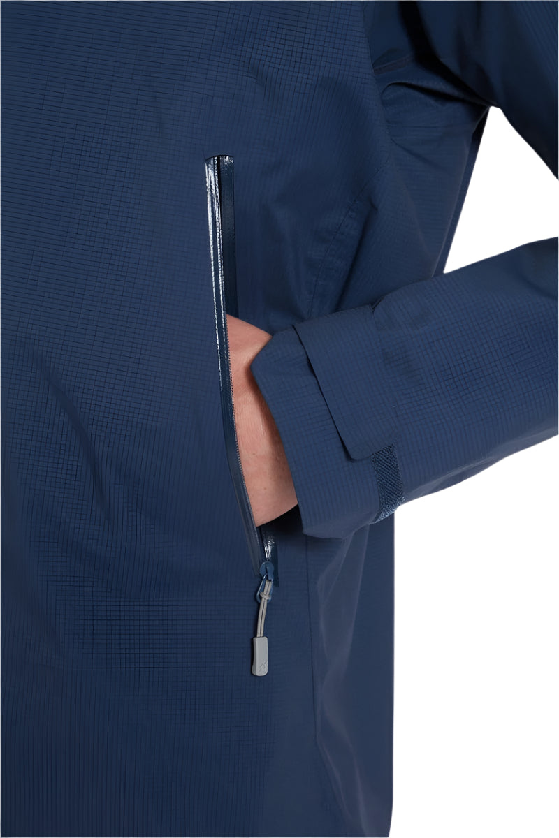 Rab Men's Firewall Light Waterproof Jacket in Tempest Blue - hand pocket detail, worn (reference only, not a stocked colour)